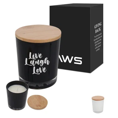 Bamboo lidded soy candle shown with the cover on
