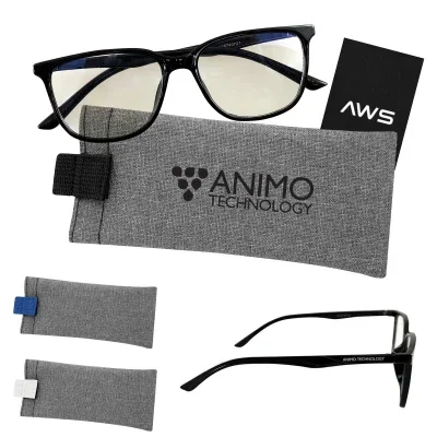Blue light blocking glasses paired with their storage pouch