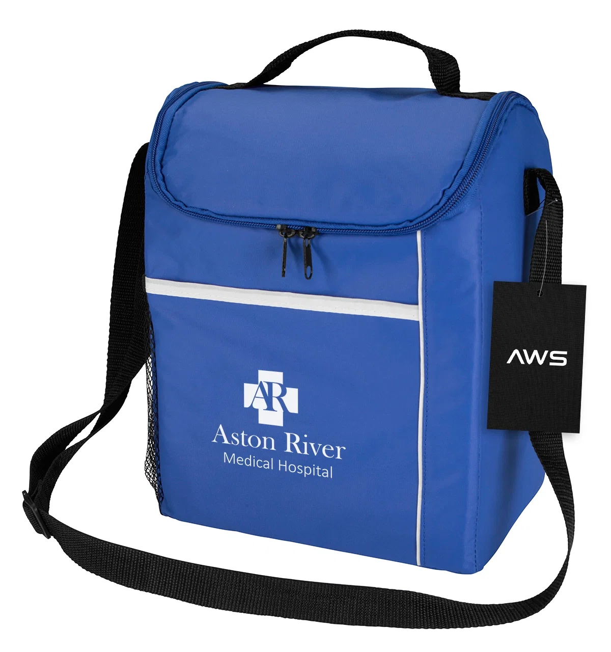 Black cooler tote shown closed and standing upright