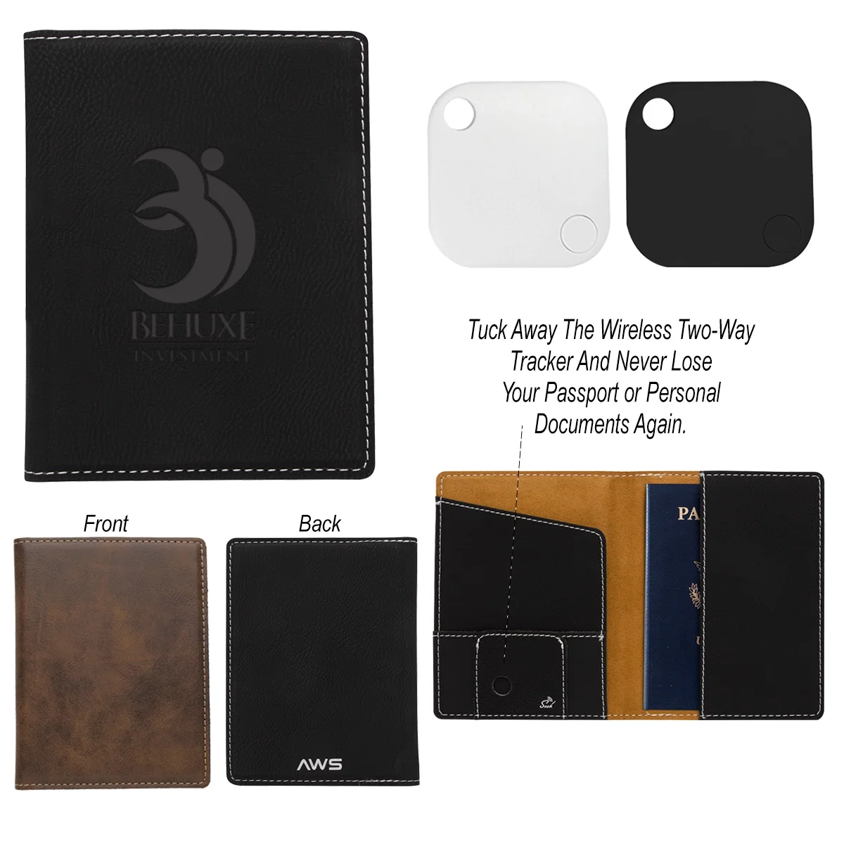 Passport holder shown with its matching tracker beside it