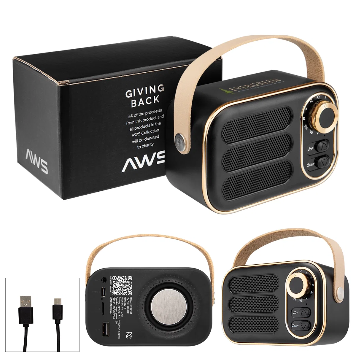 Retro style FM radio and wireless speaker in black with gold trim