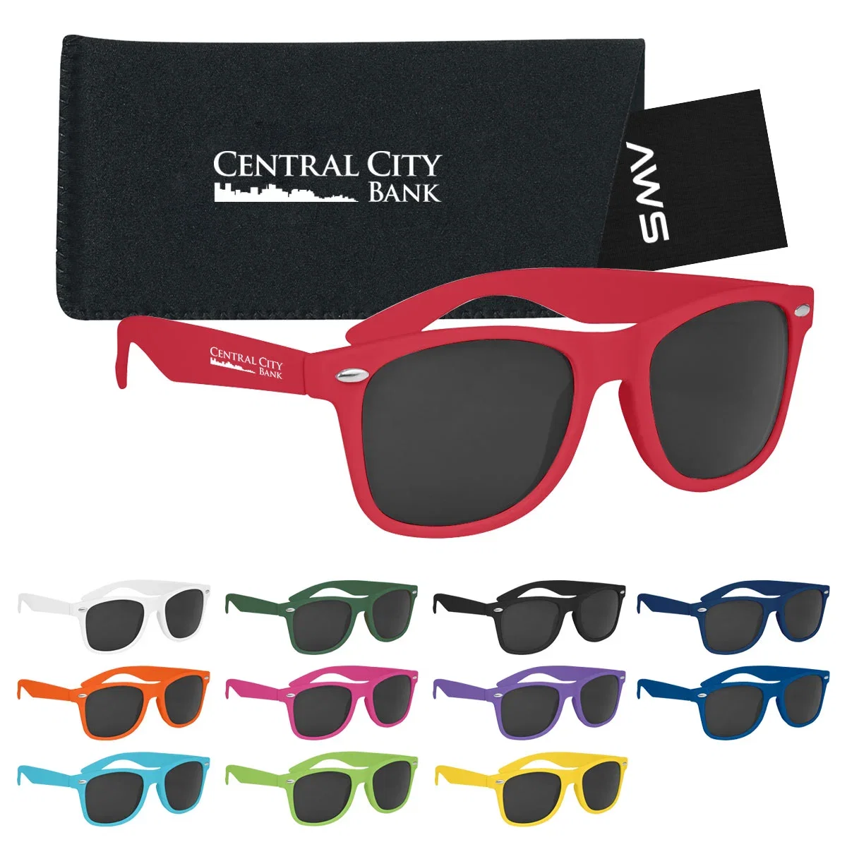 Velvet touch Malibu sunglasses shown with a soft carrying pouch