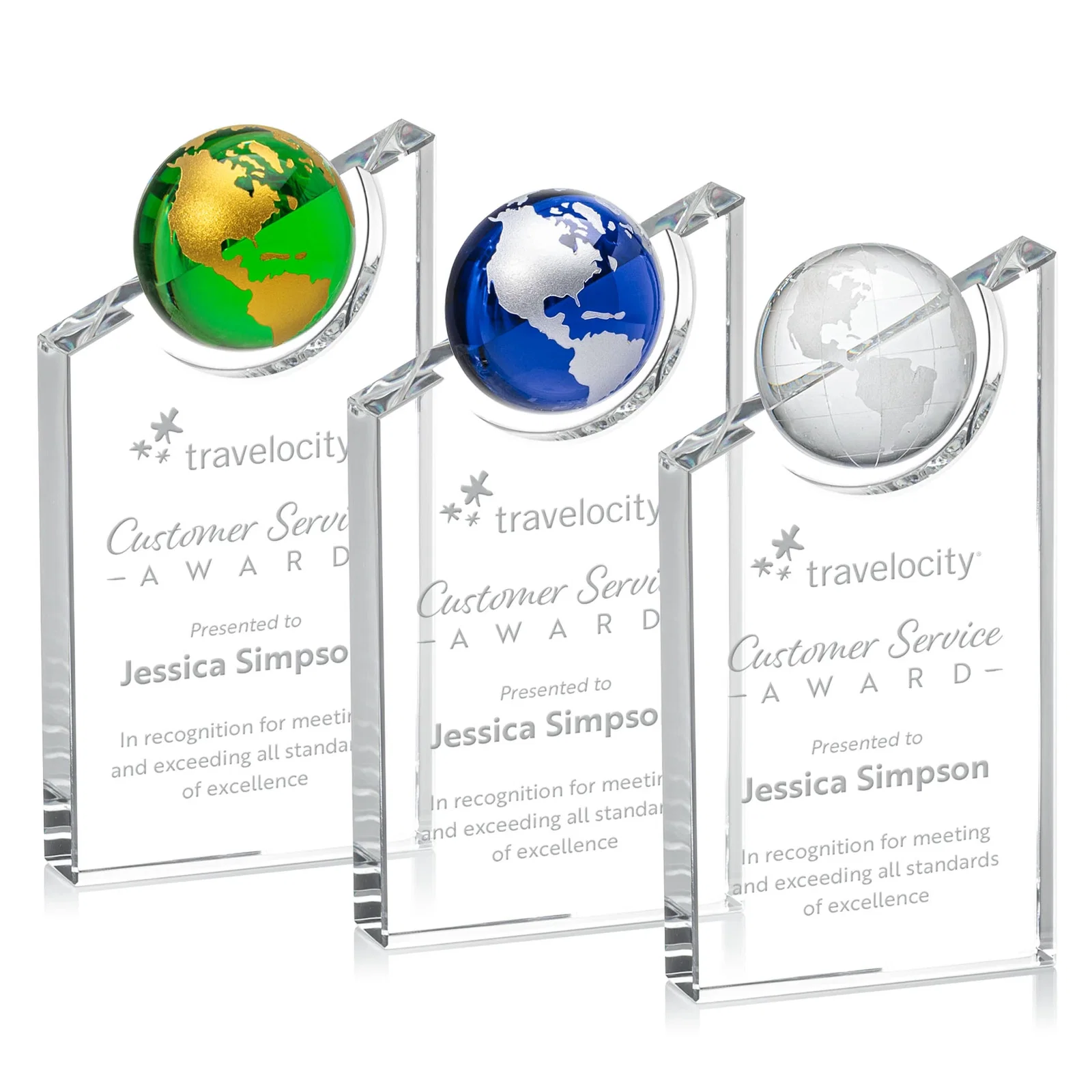 Custom Optical Crystal Award With a Half-Globe Suspended in Its Slanted Top for employee recognition