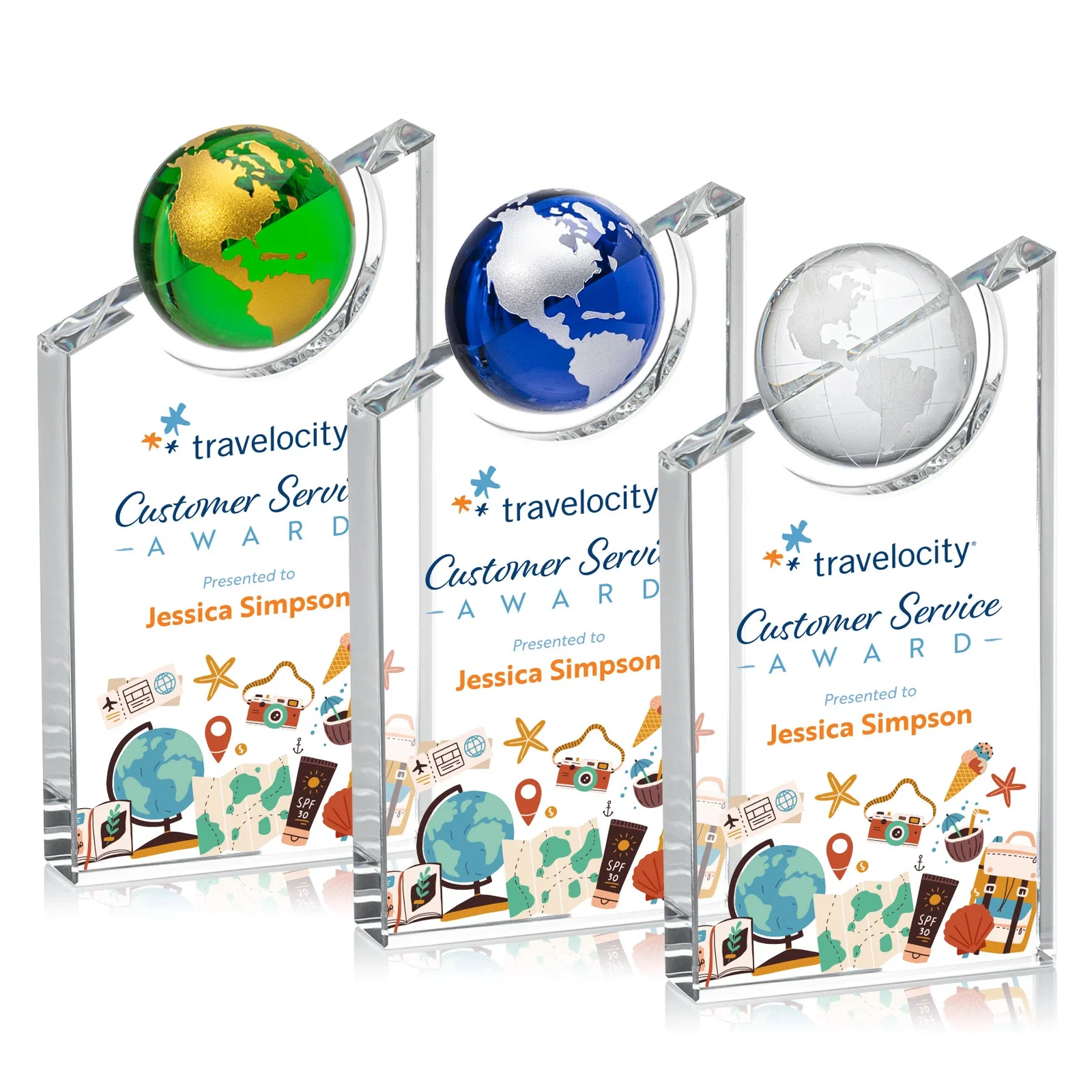 Custom Optical Crystal Award With a Half-Globe Suspended in Its Slanted Top for volunteer appreciation