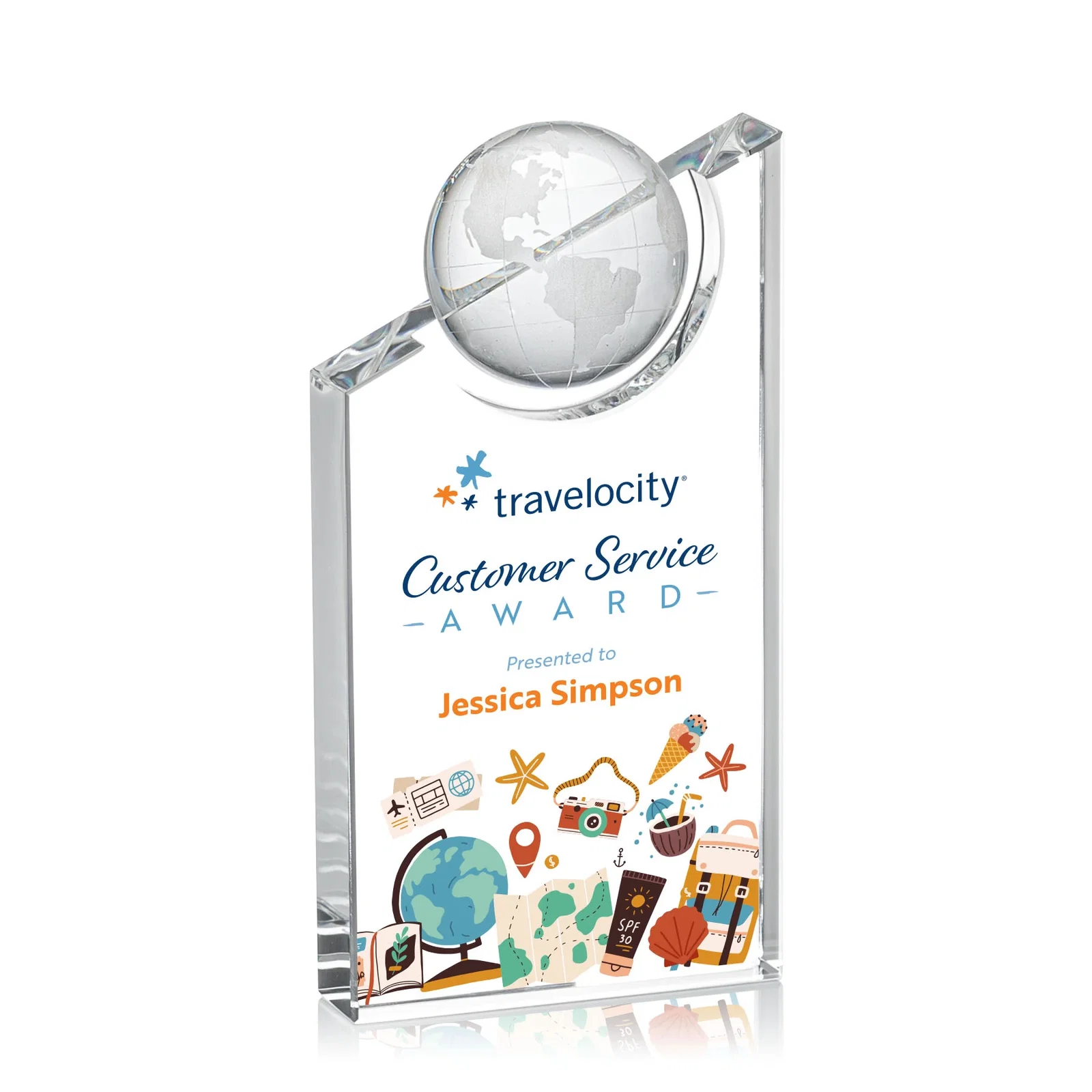 Custom Optical Crystal Award With a Half-Globe Suspended in Its Slanted Top for dealer and partner awards