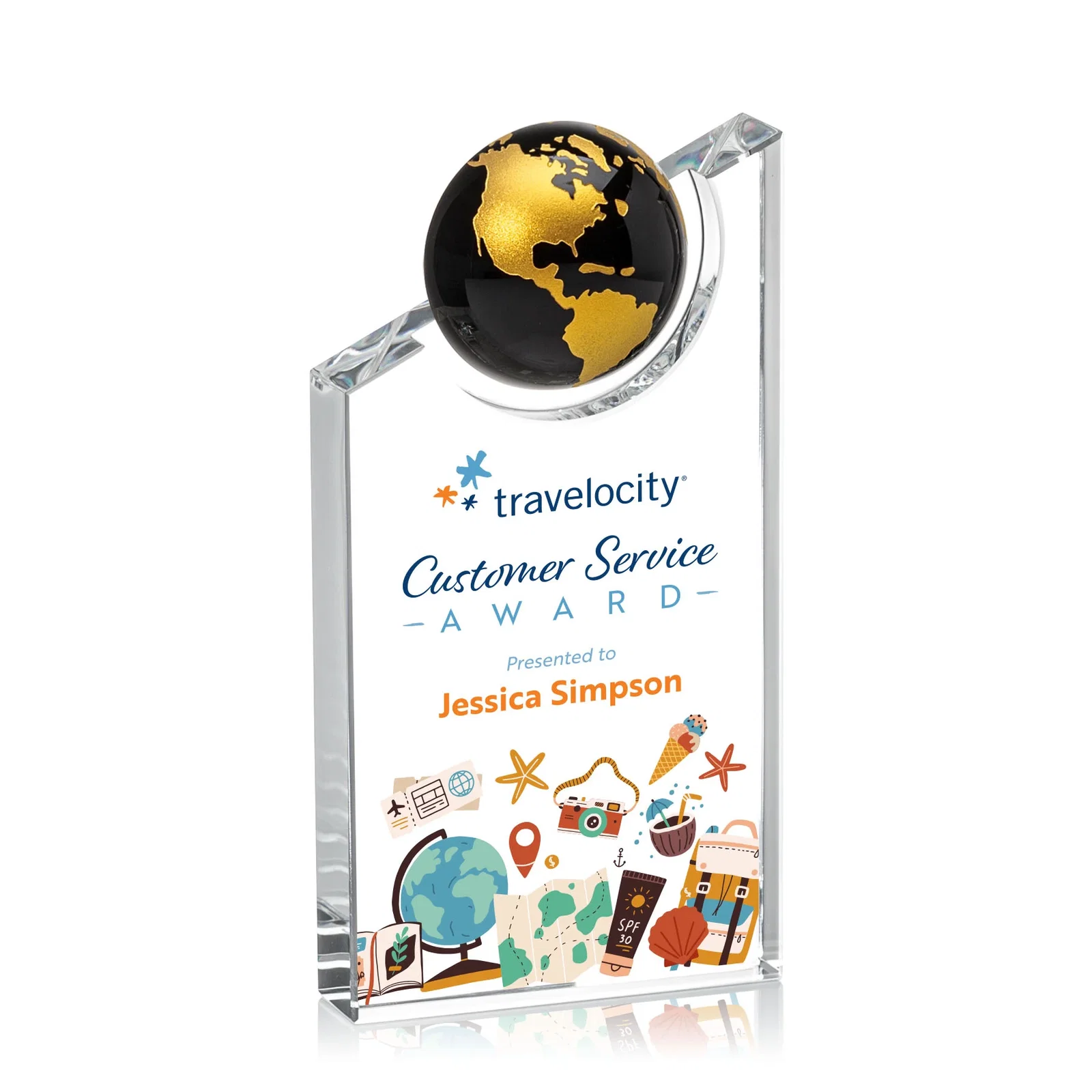 Custom Optical Crystal Award With a Half-Globe Suspended in Its Slanted Top for company anniversary events