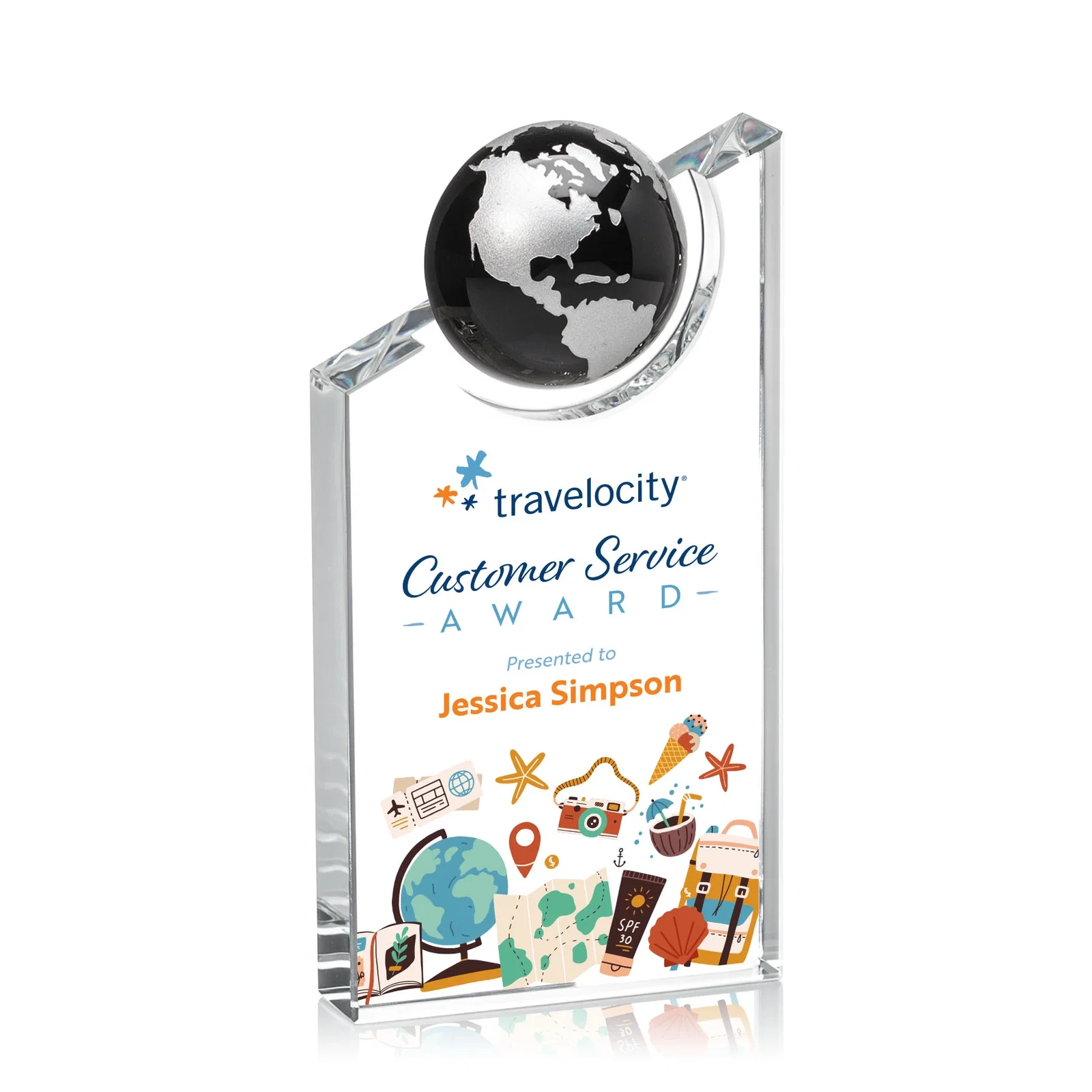 Personalized Optical Crystal Award With a Half-Globe Suspended in Its Slanted Top for employee recognition