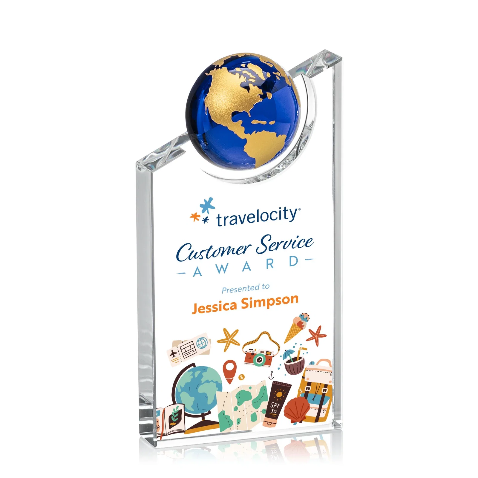 Personalized Optical Crystal Award With a Half-Globe Suspended in Its Slanted Top for corporate award ceremonies