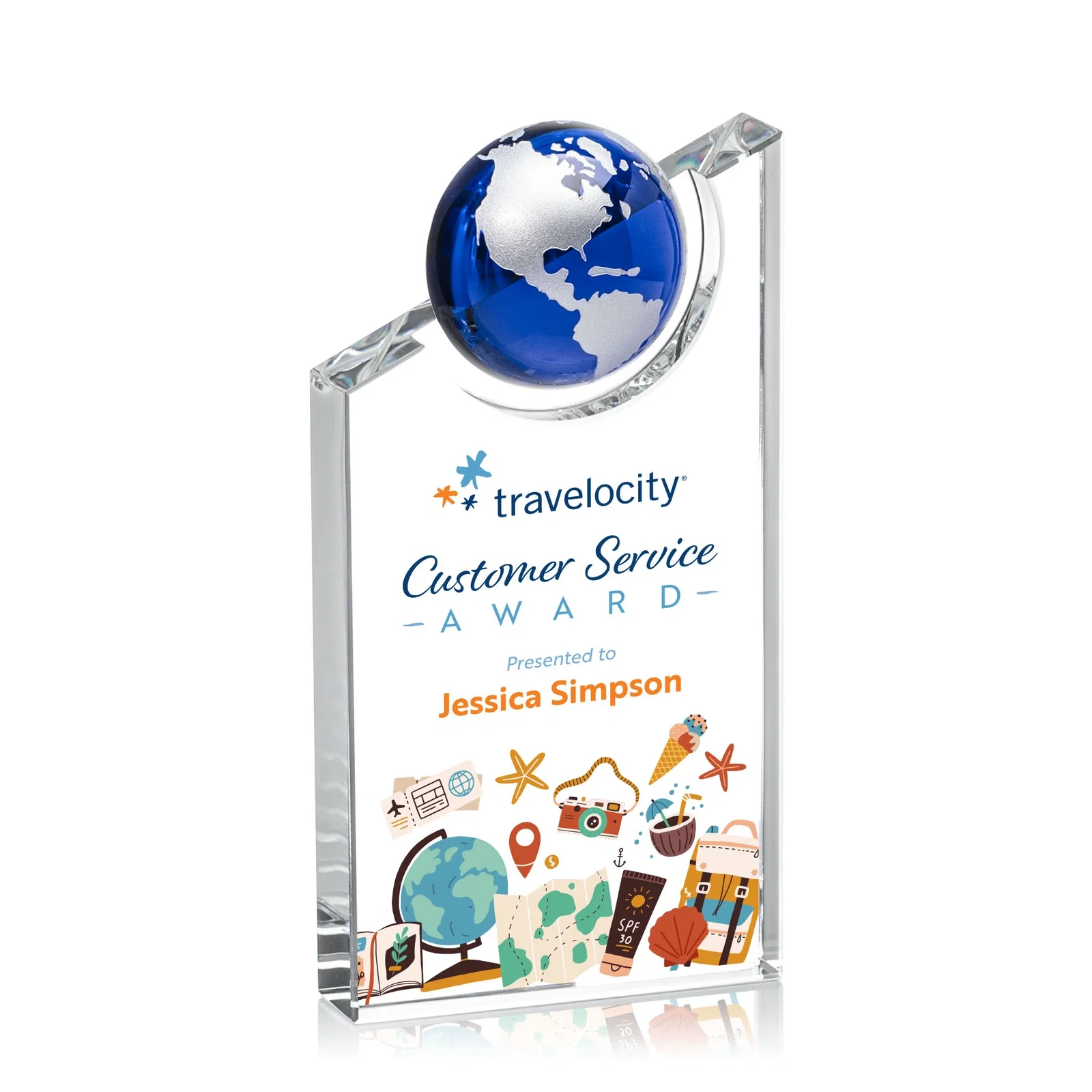 Personalized Optical Crystal Award With a Half-Globe Suspended in Its Slanted Top for service anniversary gifts