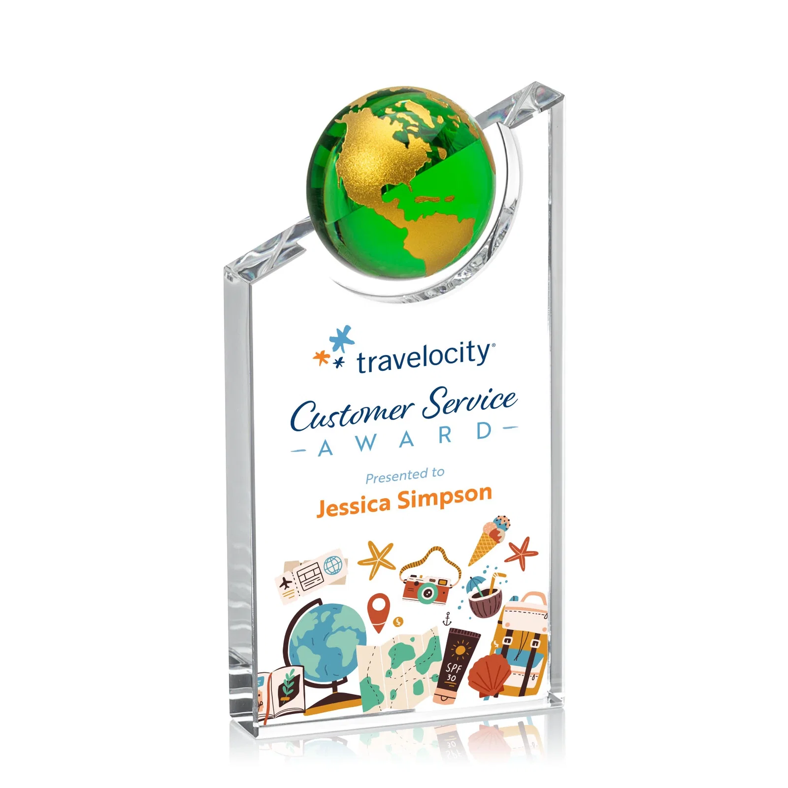 Personalized Optical Crystal Award With a Half-Globe Suspended in Its Slanted Top for sales achievement awards