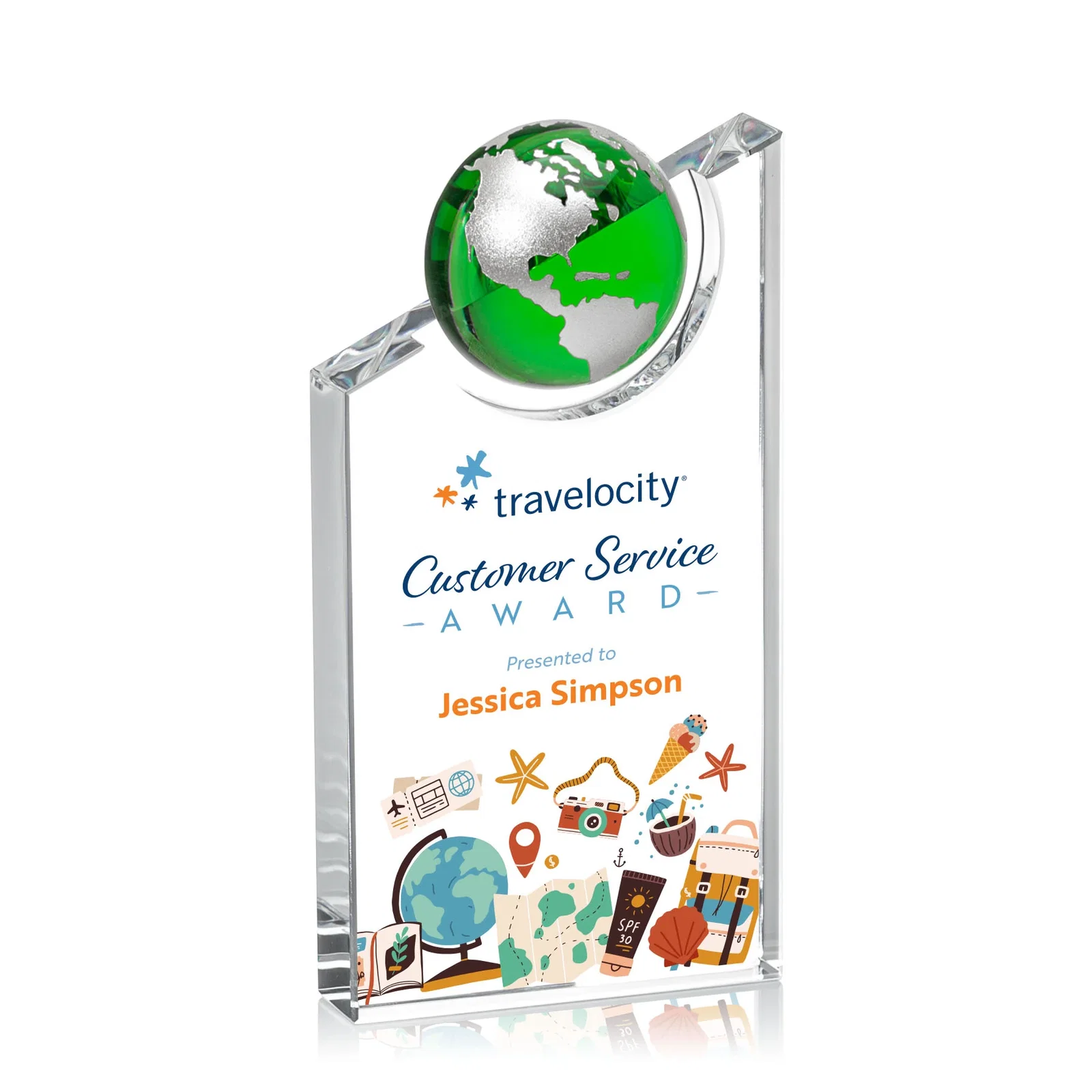 Personalized Optical Crystal Award With a Half-Globe Suspended in Its Slanted Top for retirement presentations
