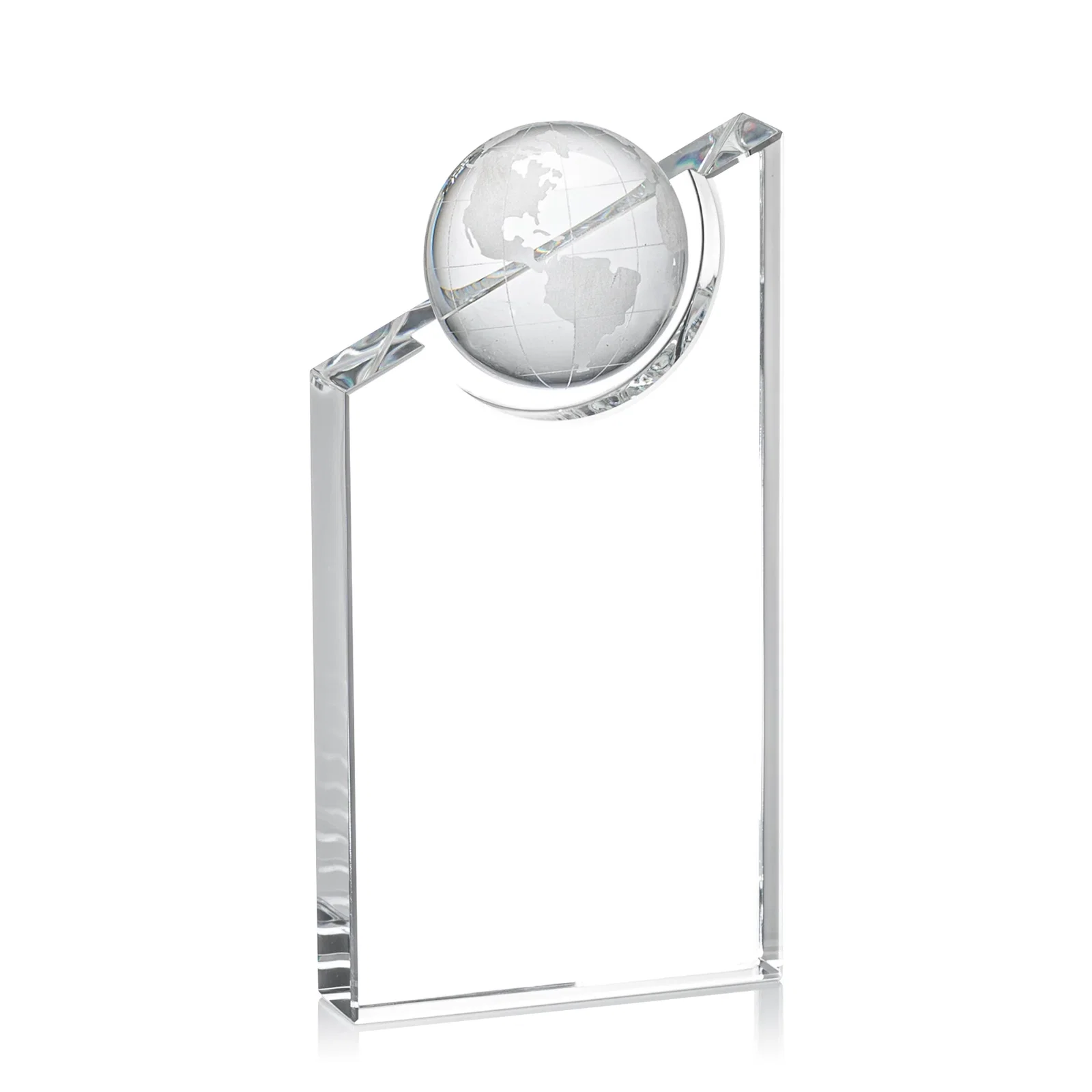 Personalized Optical Crystal Award With a Half-Globe Suspended in Its Slanted Top for team milestone celebrations