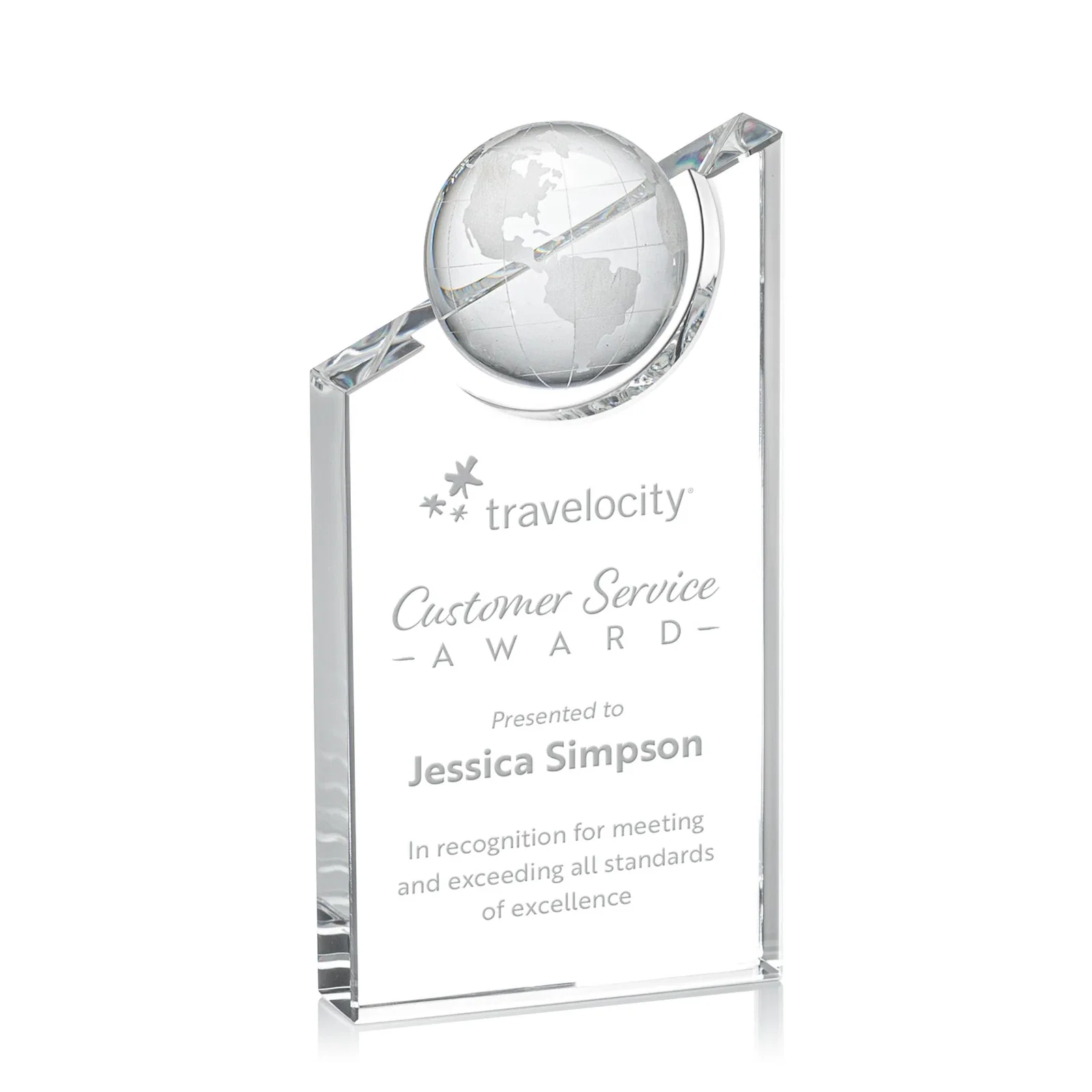 Custom Optical Crystal Award With a Half-Globe Suspended in Its Slanted Top for corporate award ceremonies