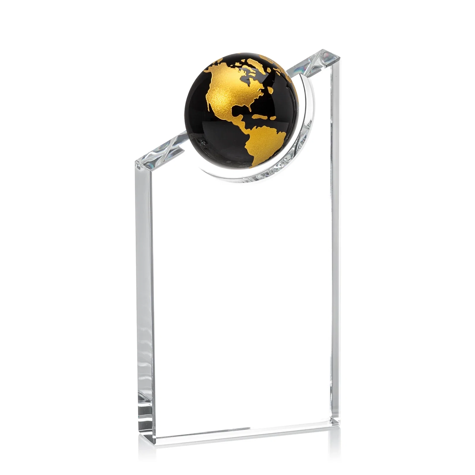 Personalized Optical Crystal Award With a Half-Globe Suspended in Its Slanted Top for donor appreciation