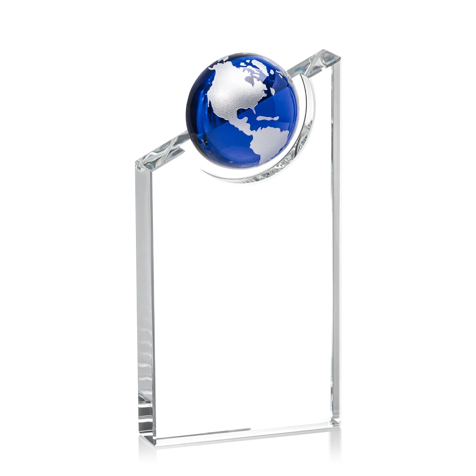 Personalized Optical Crystal Award With a Half-Globe Suspended in Its Slanted Top for volunteer appreciation