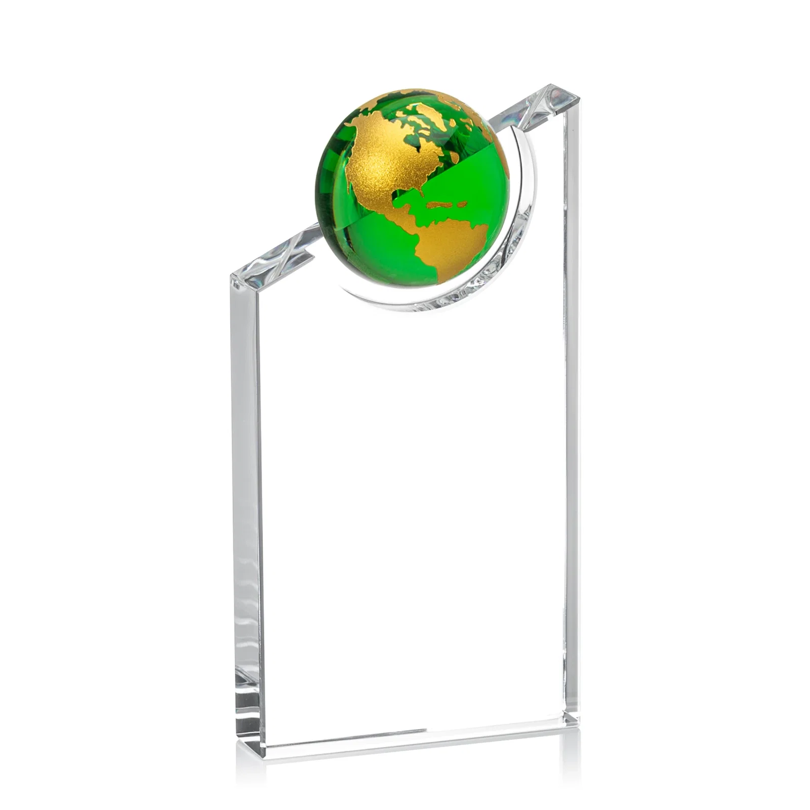 Personalized Optical Crystal Award With a Half-Globe Suspended in Its Slanted Top for dealer and partner awards