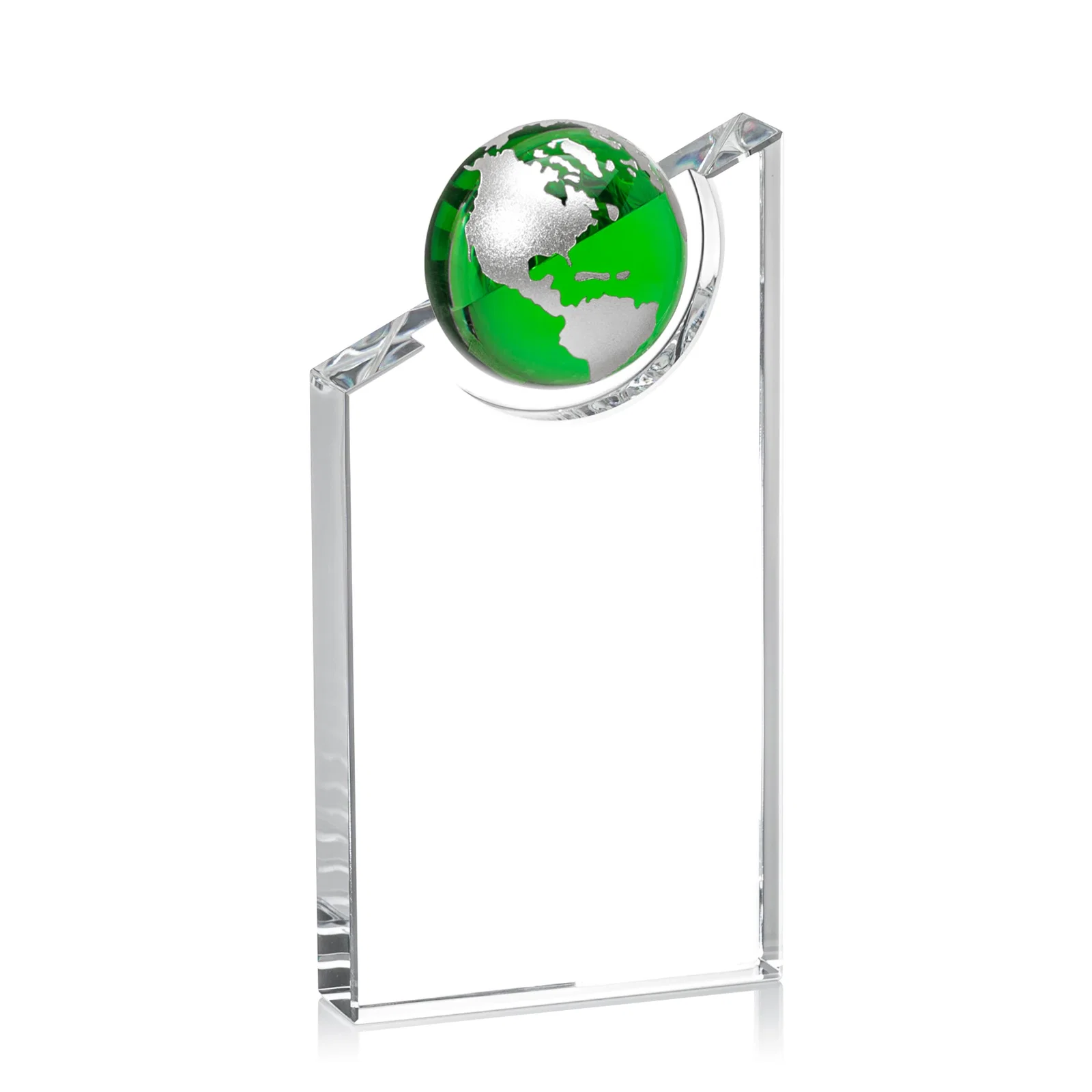 Personalized Optical Crystal Award With a Half-Globe Suspended in Its Slanted Top for company anniversary events