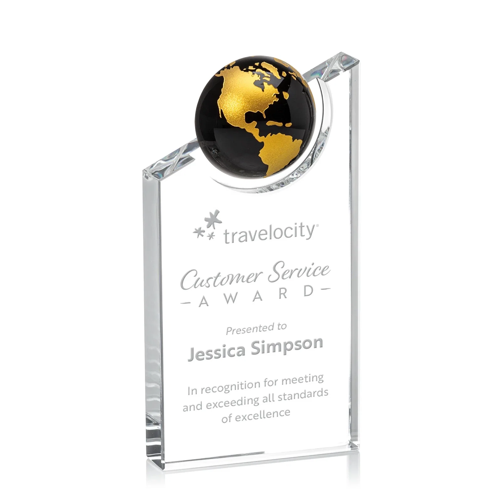Custom Optical Crystal Award With a Half-Globe Suspended in Its Slanted Top for service anniversary gifts