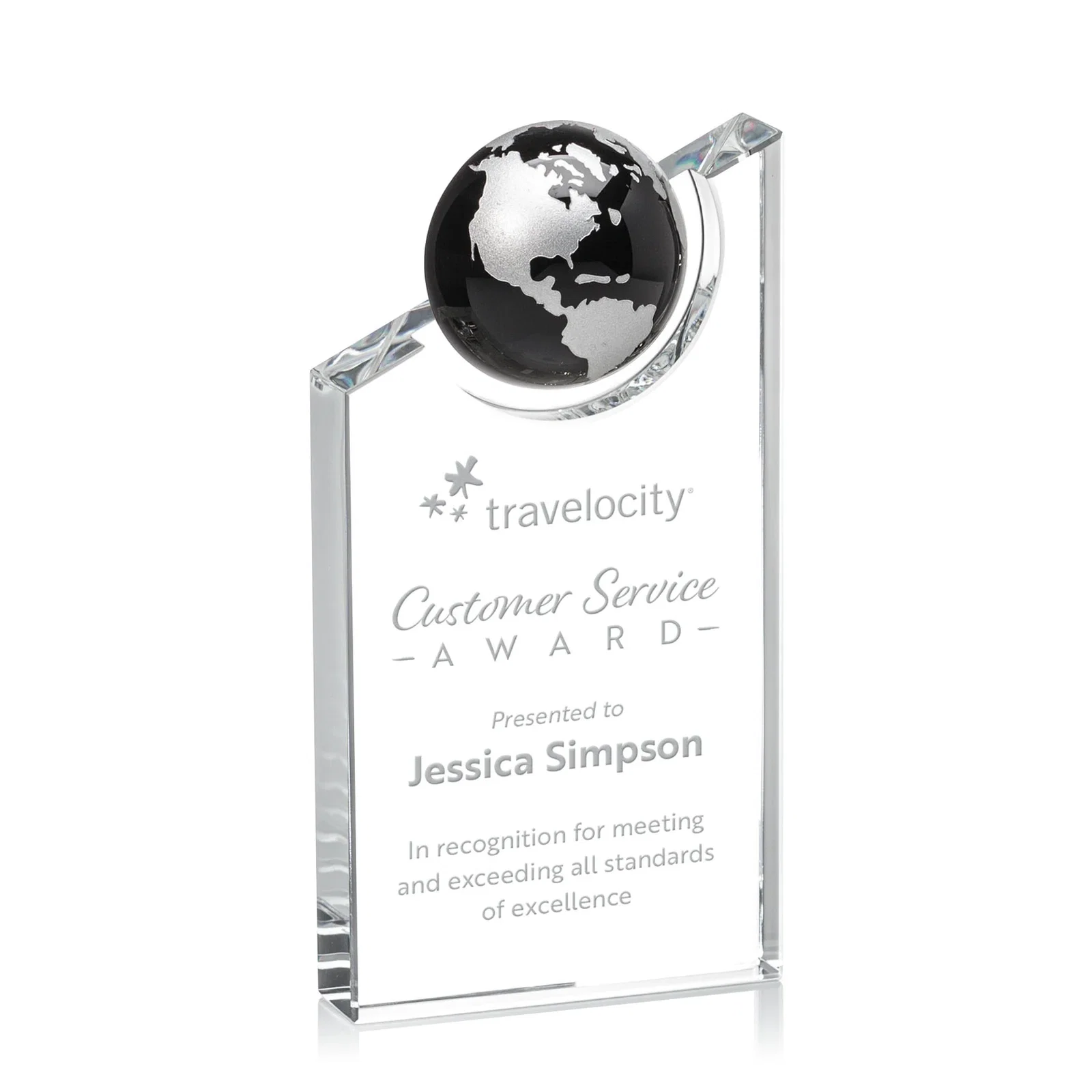 Custom Optical Crystal Award With a Half-Globe Suspended in Its Slanted Top for sales achievement awards