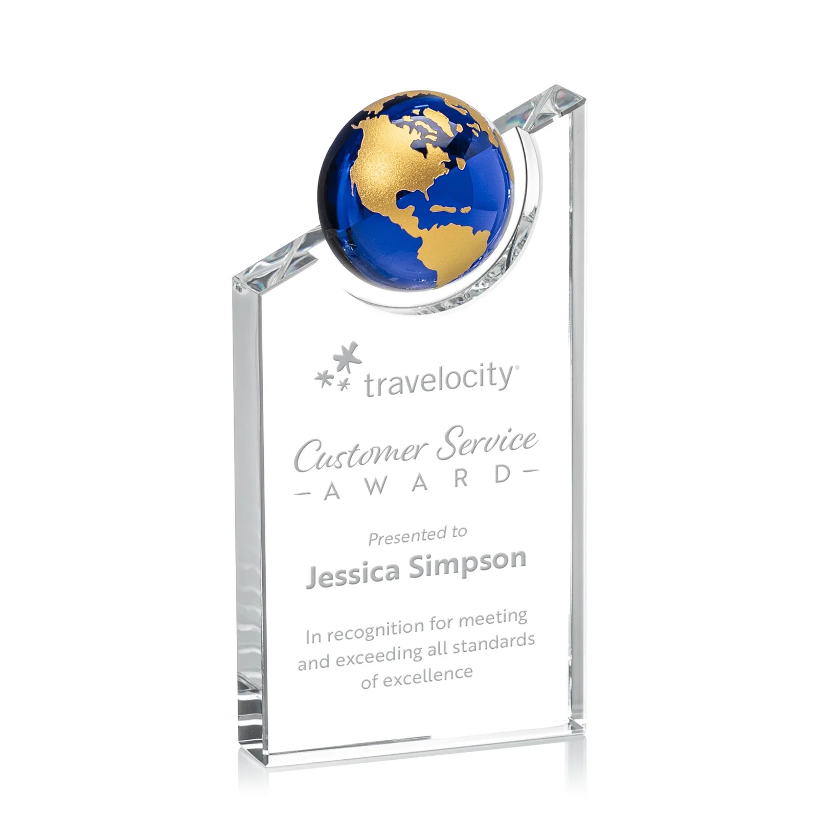 Custom Optical Crystal Award With a Half-Globe Suspended in Its Slanted Top for retirement presentations