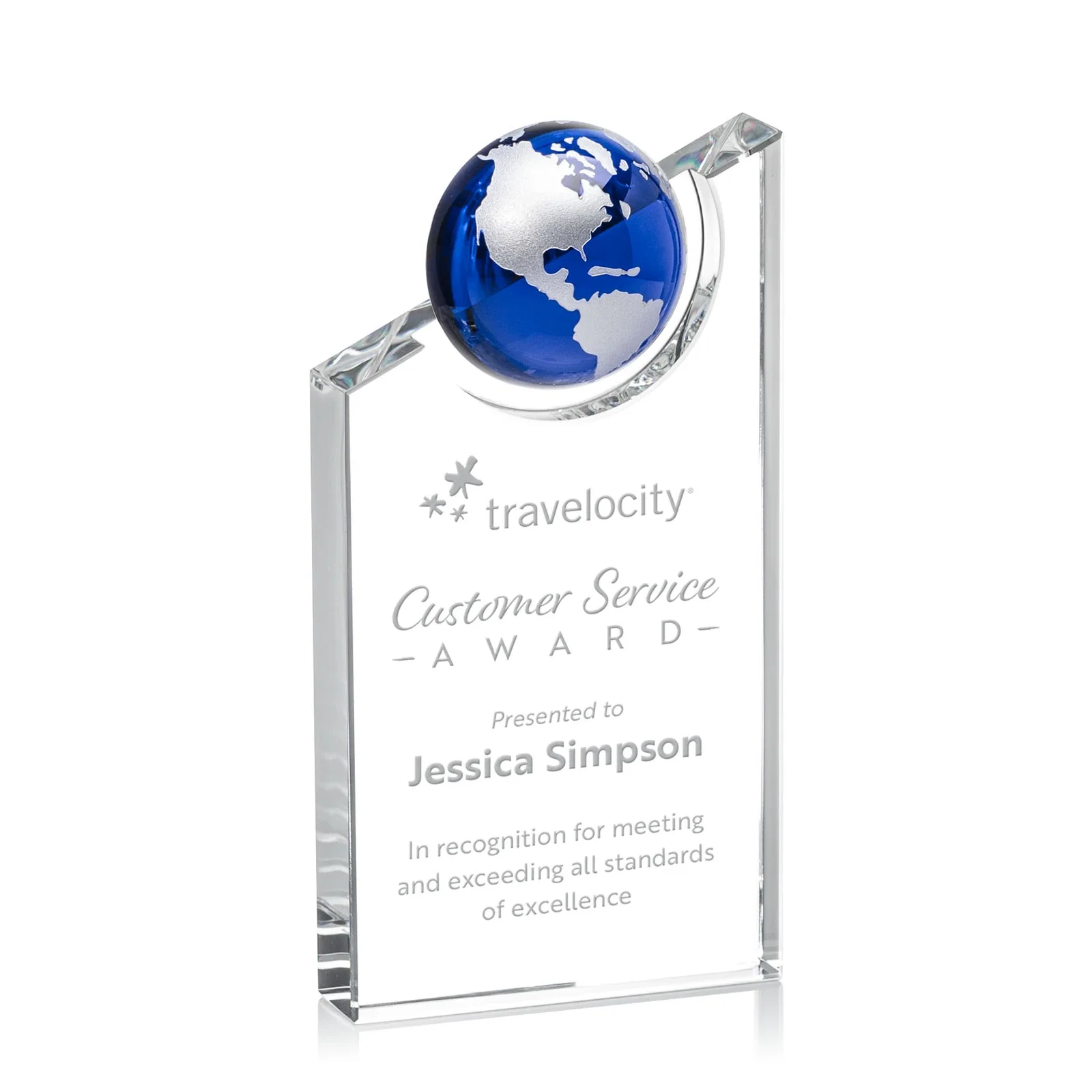 Custom Optical Crystal Award With a Half-Globe Suspended in Its Slanted Top for team milestone celebrations