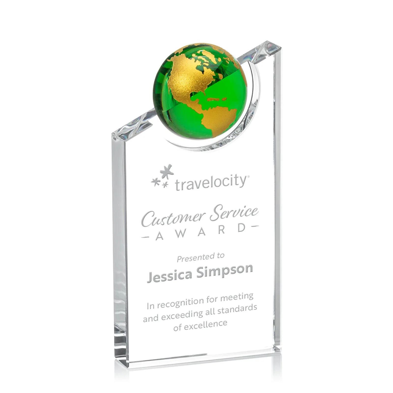 Custom Optical Crystal Award With a Half-Globe Suspended in Its Slanted Top for donor appreciation