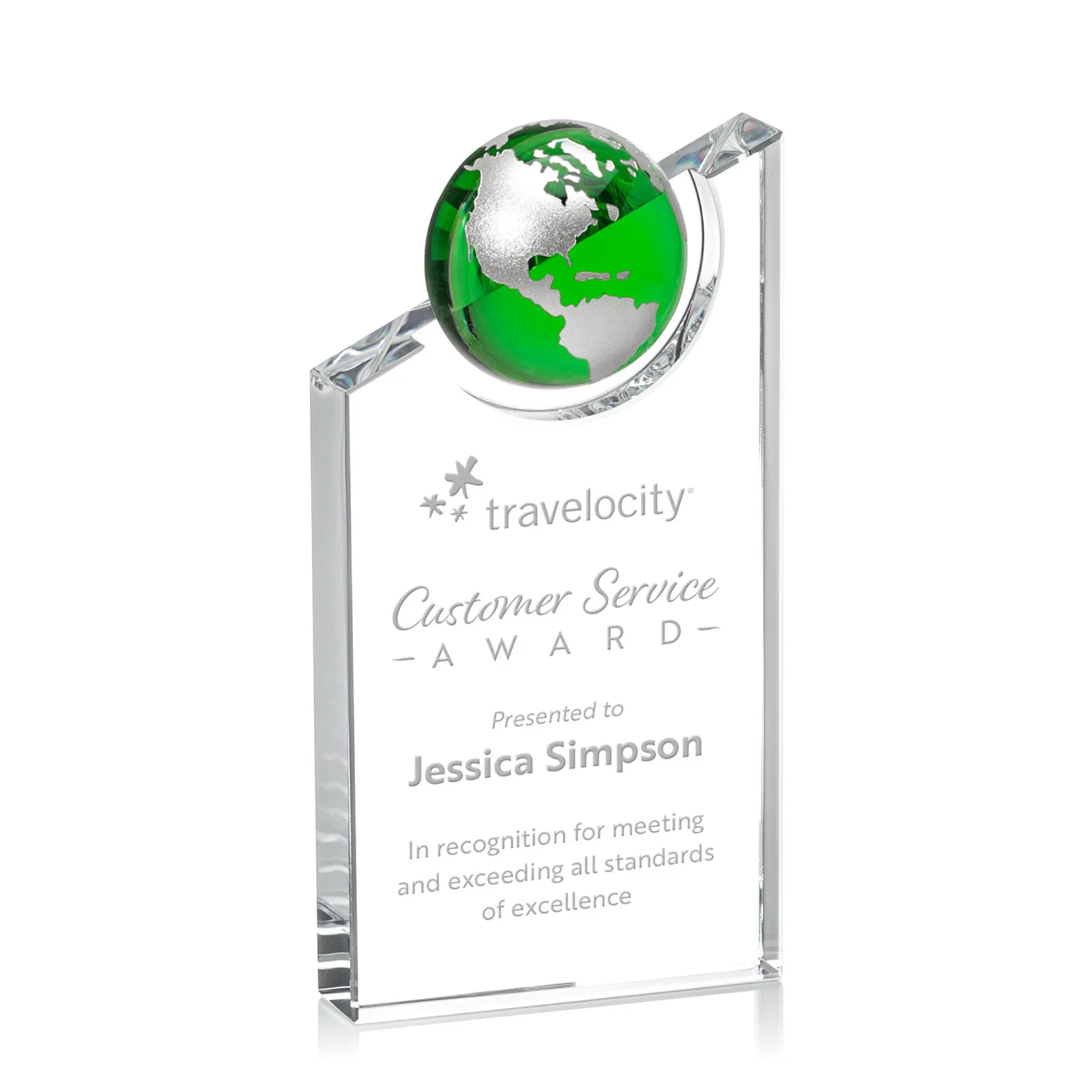 Custom Optical Crystal Award With a Half-Globe Suspended in Its Slanted Top for graduation ceremonies