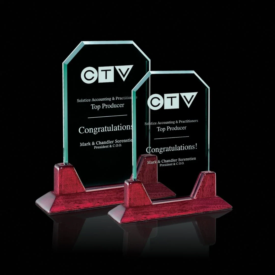 Custom Jade Glass Upright Award on a Rosewood Base for employee recognition