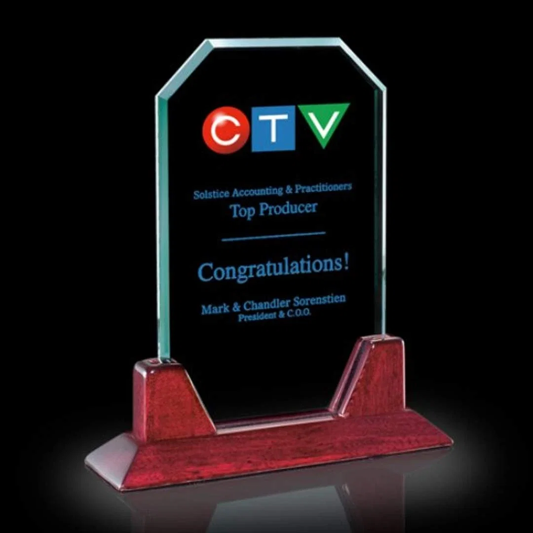 Custom Jade Glass Upright Award on a Rosewood Base for corporate award ceremonies