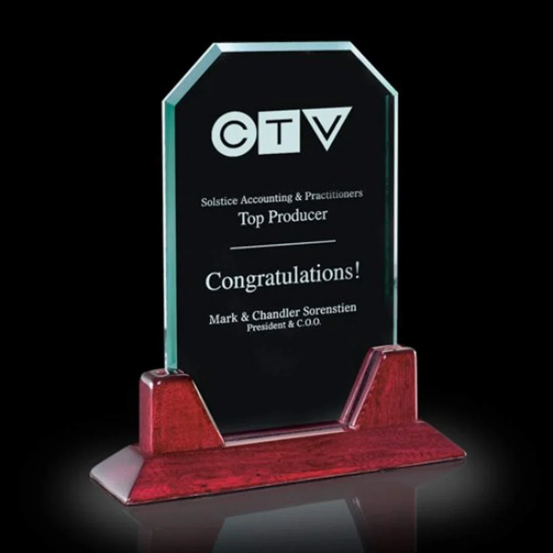 Custom Jade Glass Upright Award on a Rosewood Base for service anniversary gifts