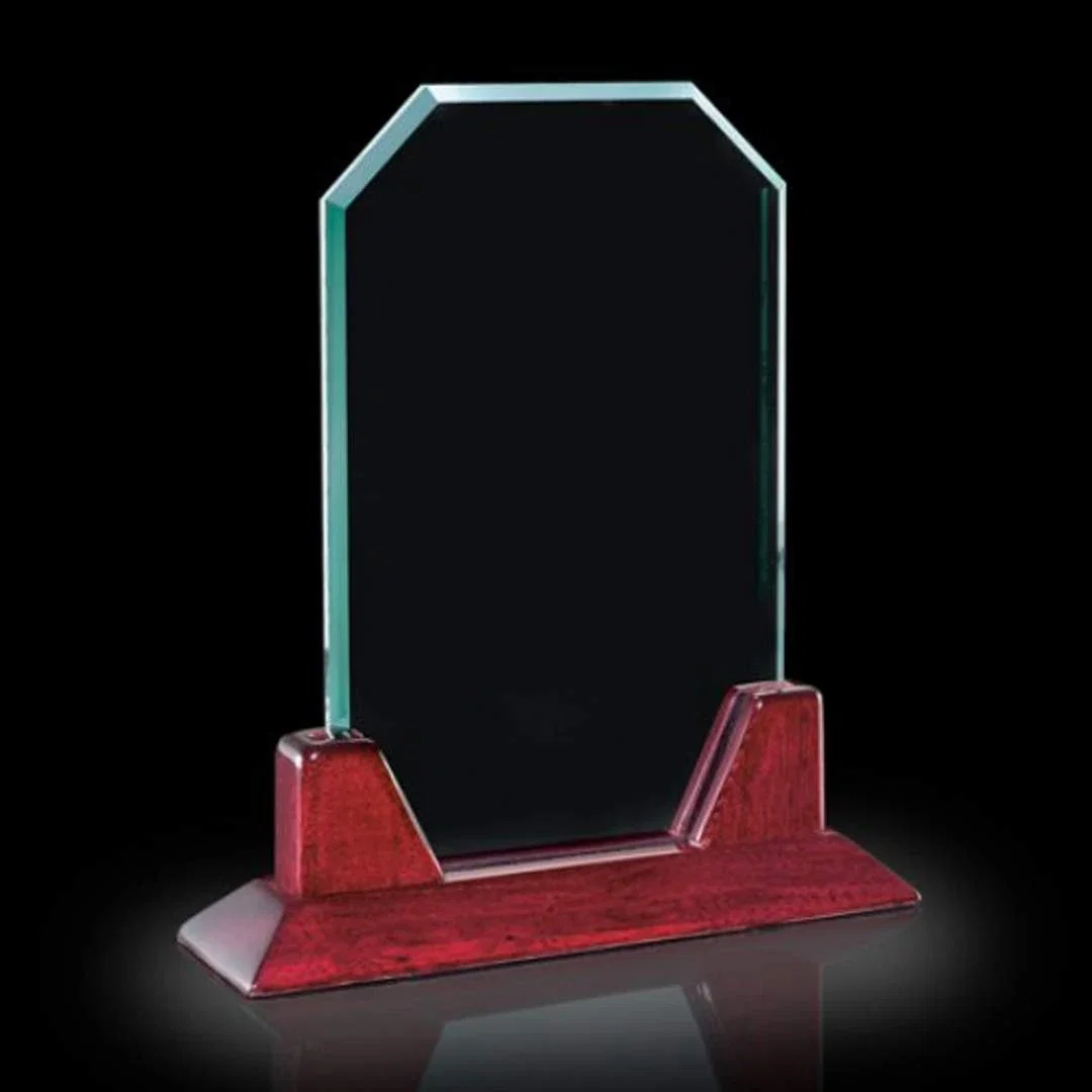 Custom Jade Glass Upright Award on a Rosewood Base for retirement presentations