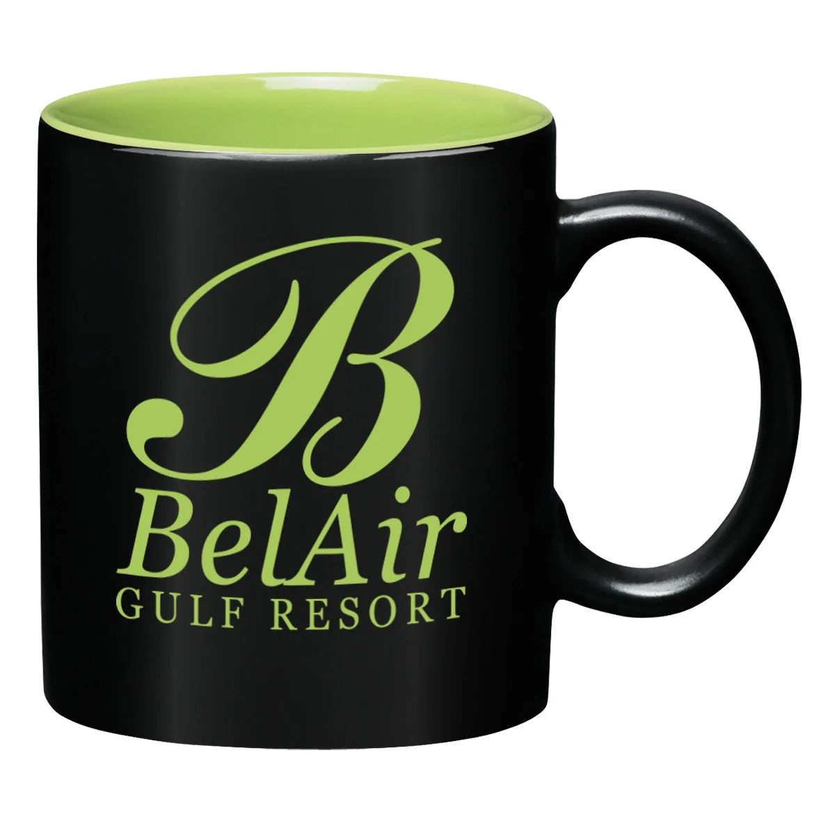 Eleven ounce mug with black outside and a bright inner wall