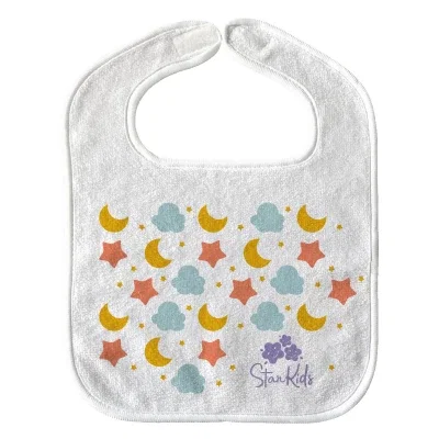 White baby bib shown flat with the neckline at top