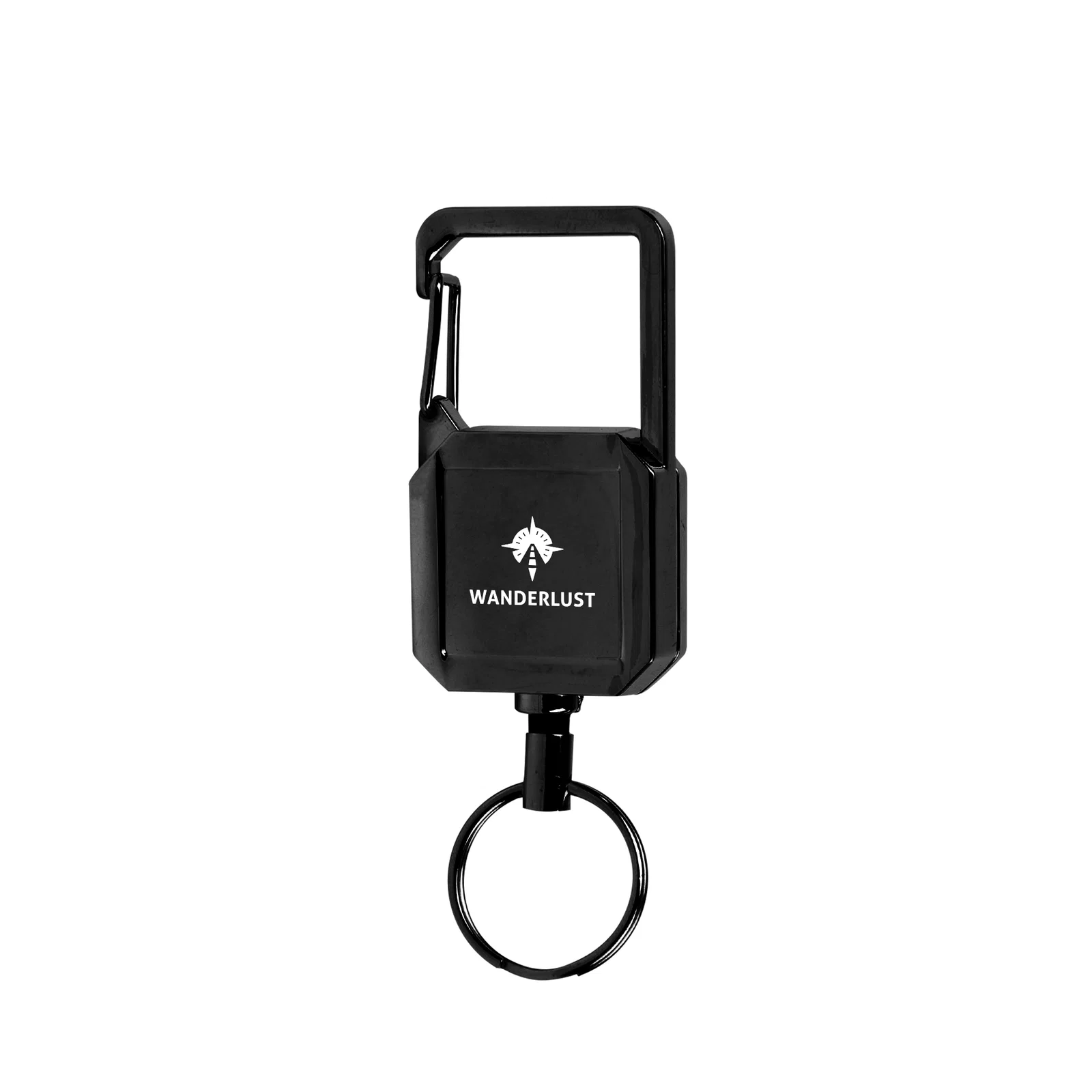 Black badge reel keychain fitted with a swivel carabiner clip