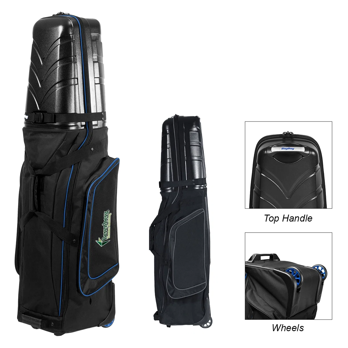 Padded golf bag travel cover standing upright at fifty-two inches tall