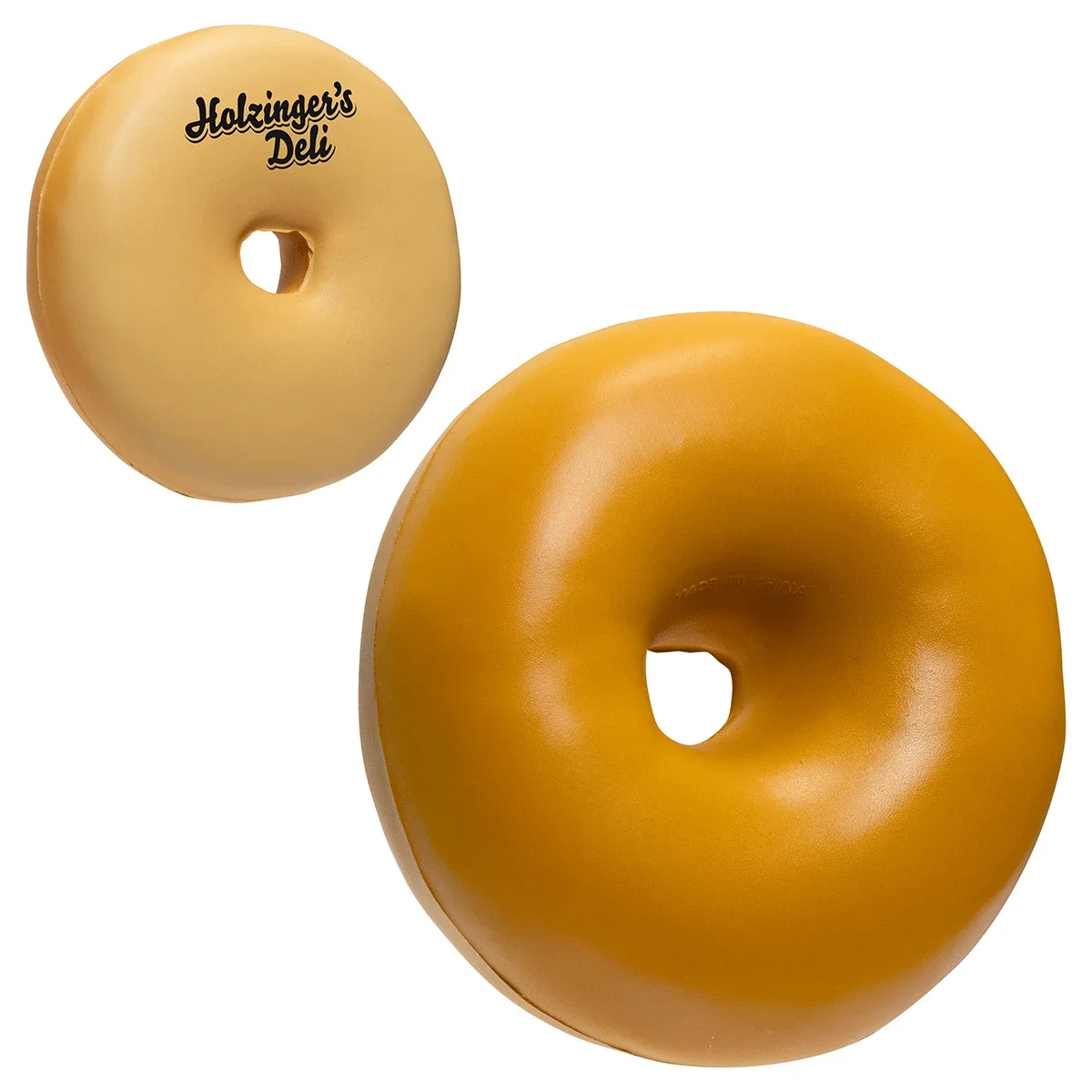 Custom Bagel stress reliever, front view of the branded foam bagel