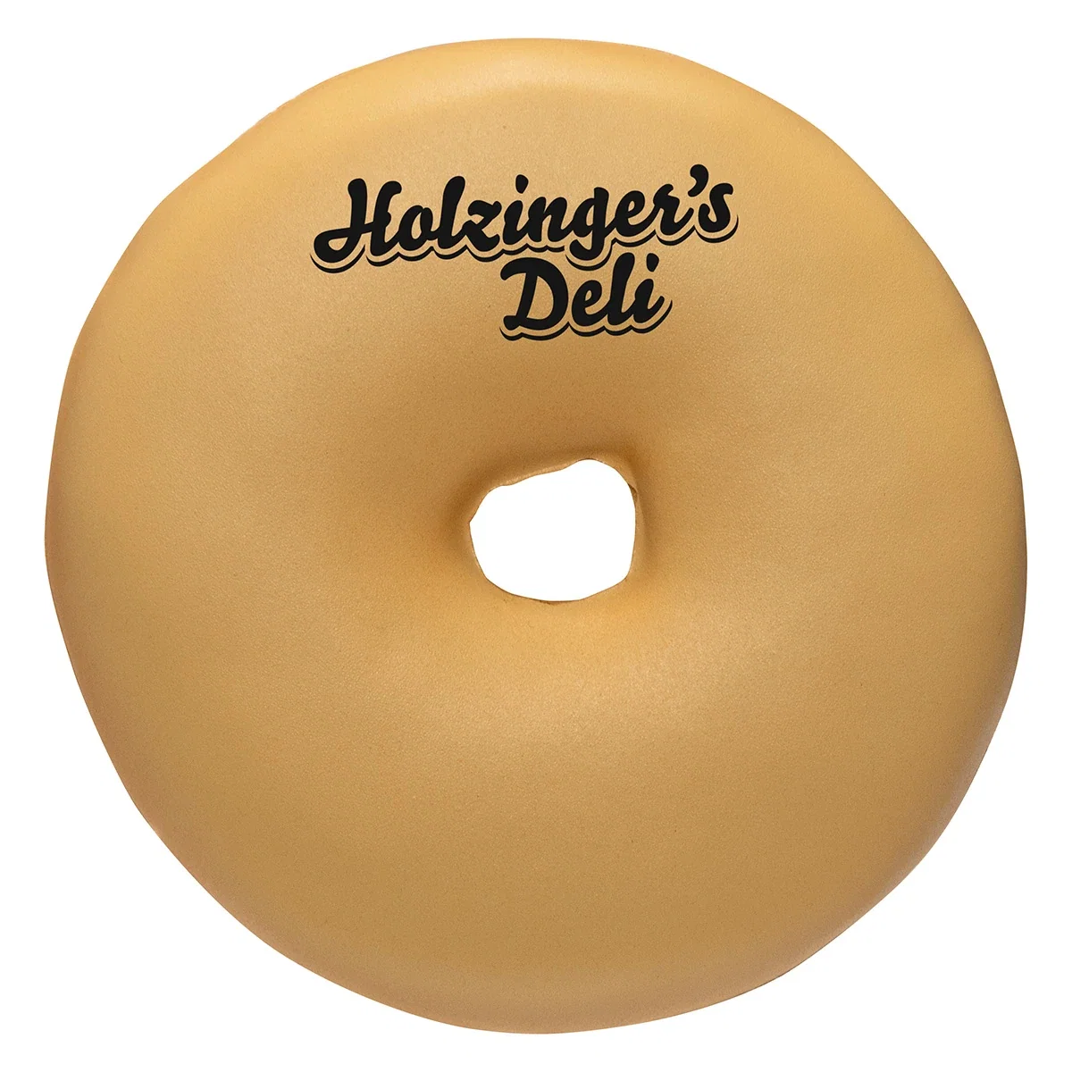 Bagel stress reliever held in hand, promotional squeeze-toy shot