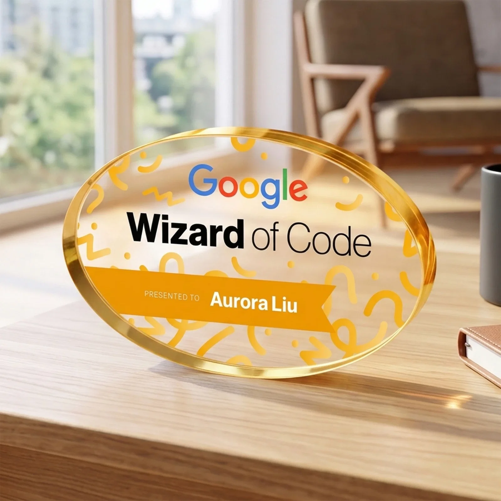 Promotional Starfire Crystal Oval Award in Five Colors, 0.75in Thick, desk awards for dealer and partner awards