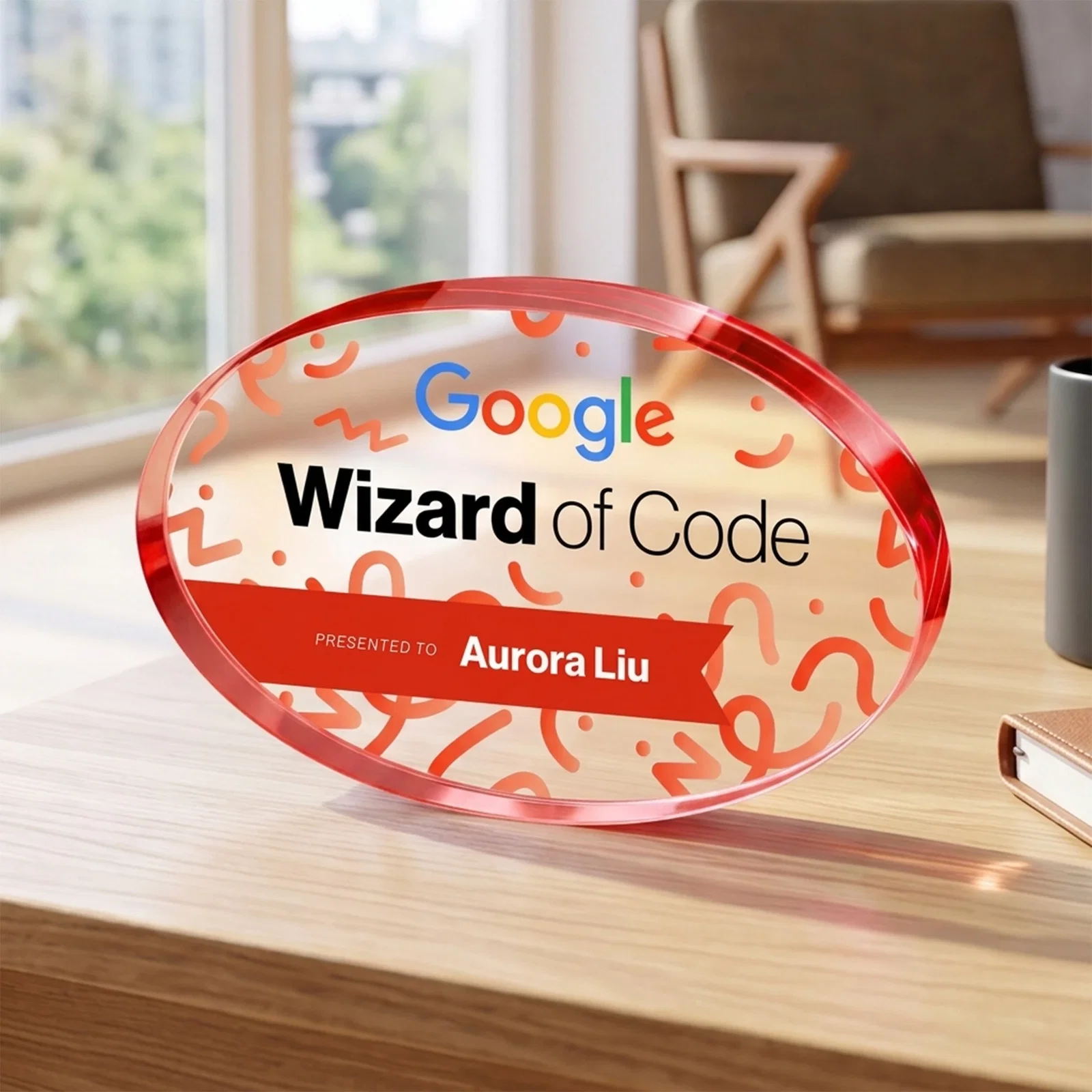 Custom printed Starfire Crystal Oval Award in Five Colors, 0.75in Thick, desk awards for corporate award ceremonies