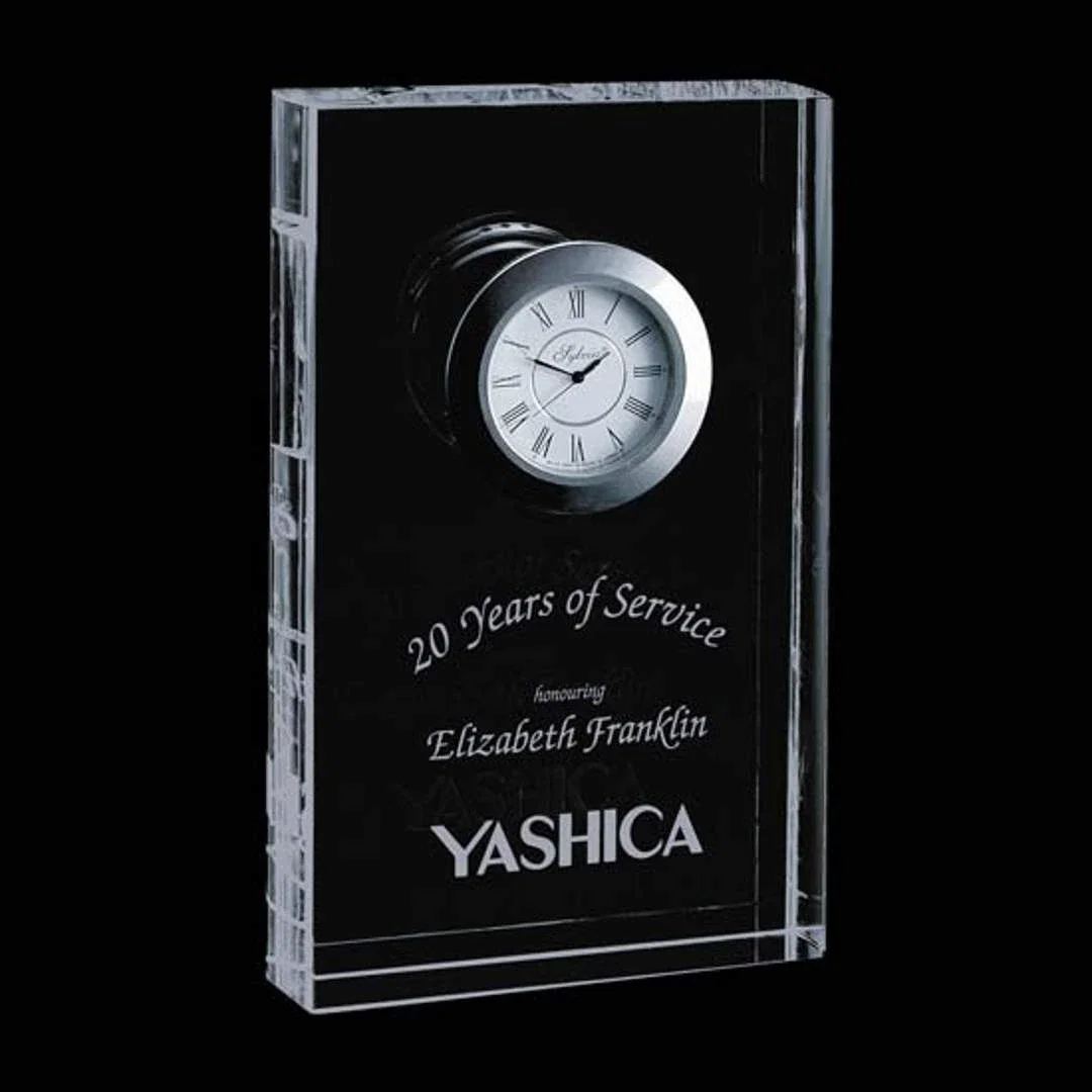 Custom Optical Crystal Desk Clock in Two Sizes for employee recognition