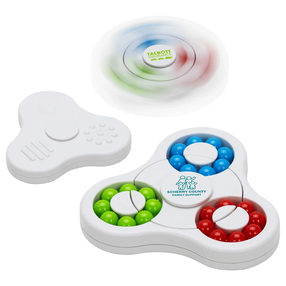 Custom Ball 'N Maze sensory fidget spinner, front view of the branded spinner