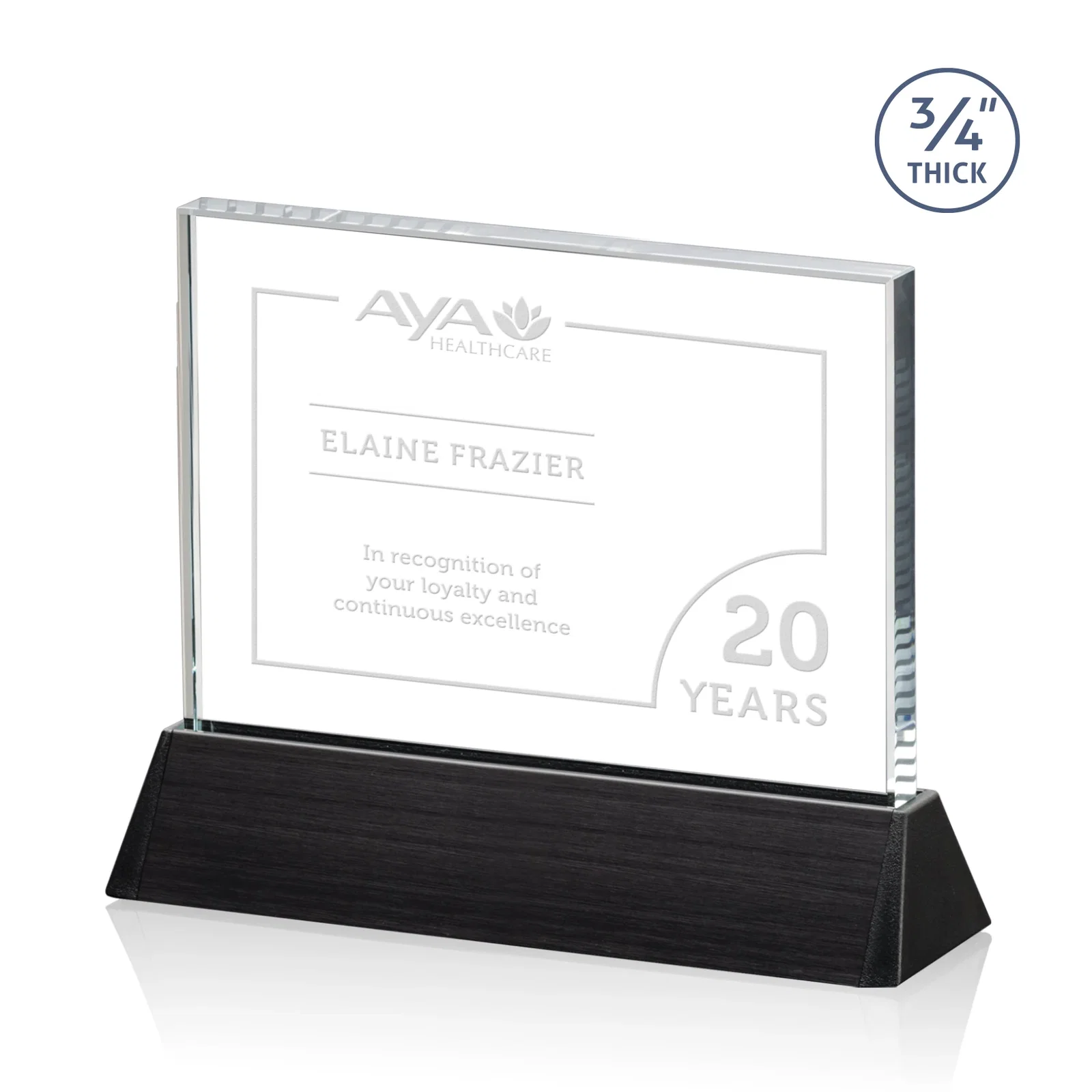 Custom Starfire Crystal Rectangle Award Sloping Into a Black Base for service anniversary gifts