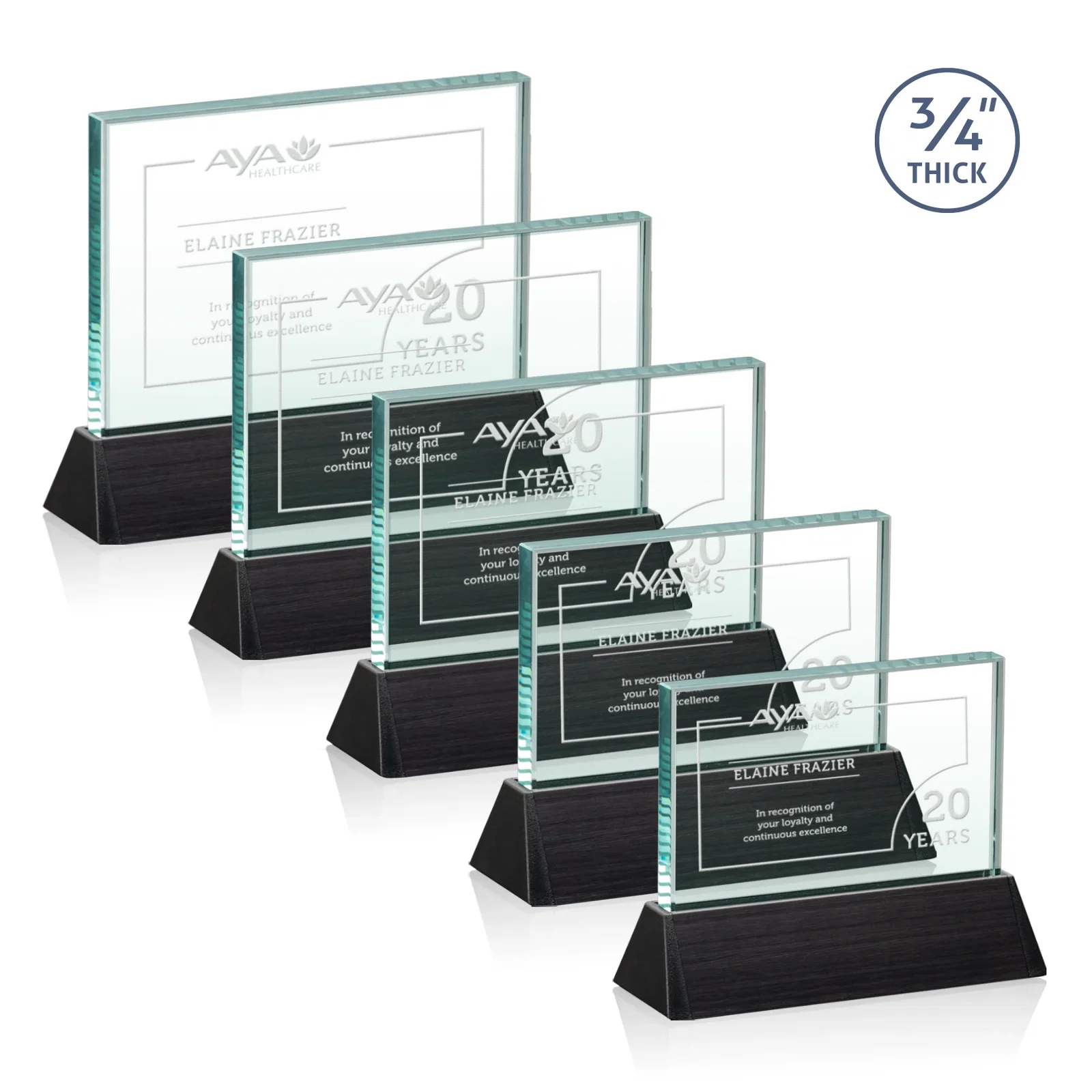 Custom Starfire Crystal Rectangle Award Sloping Into a Black Base for retirement presentations