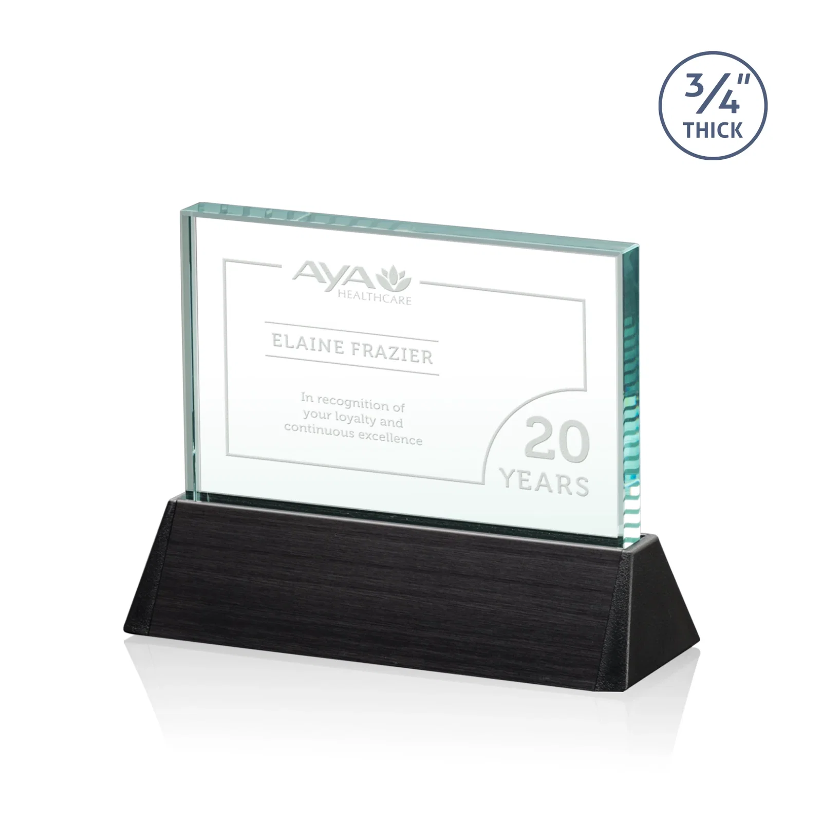 Custom Starfire Crystal Rectangle Award Sloping Into a Black Base for team milestone celebrations