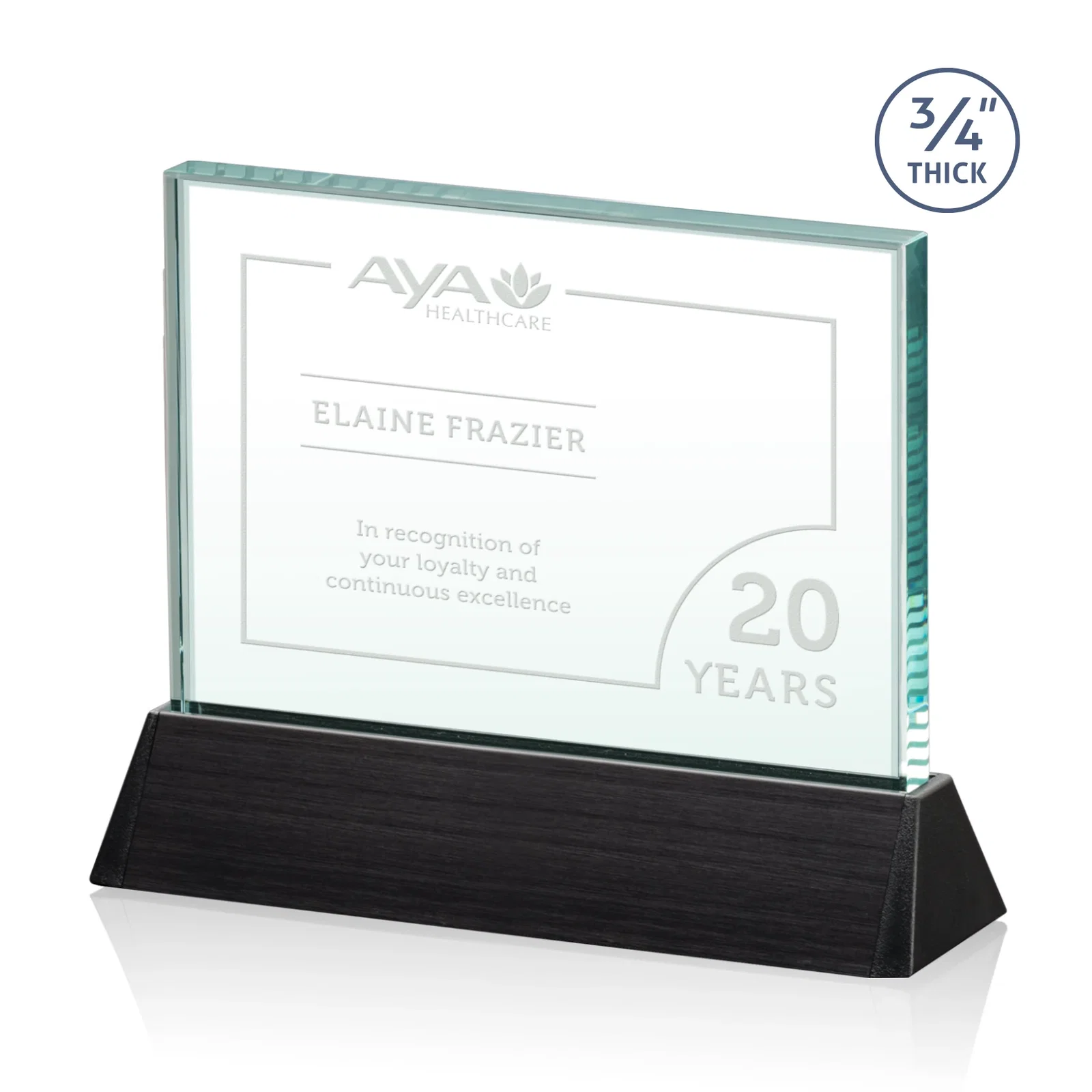 Custom Starfire Crystal Rectangle Award Sloping Into a Black Base for donor appreciation