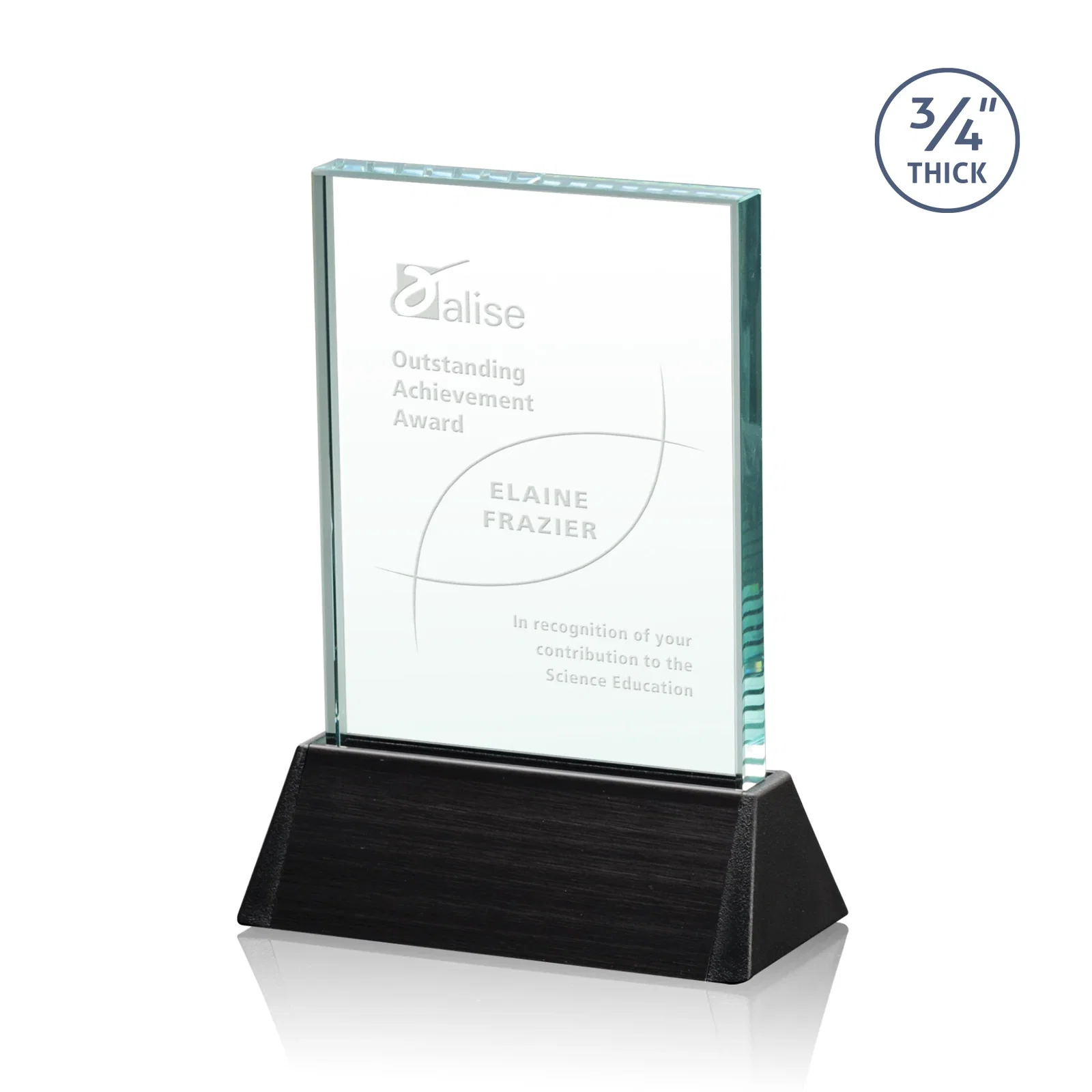 Custom Jade Crystal Rectangle Award Sloping Into a Black Base for service anniversary gifts