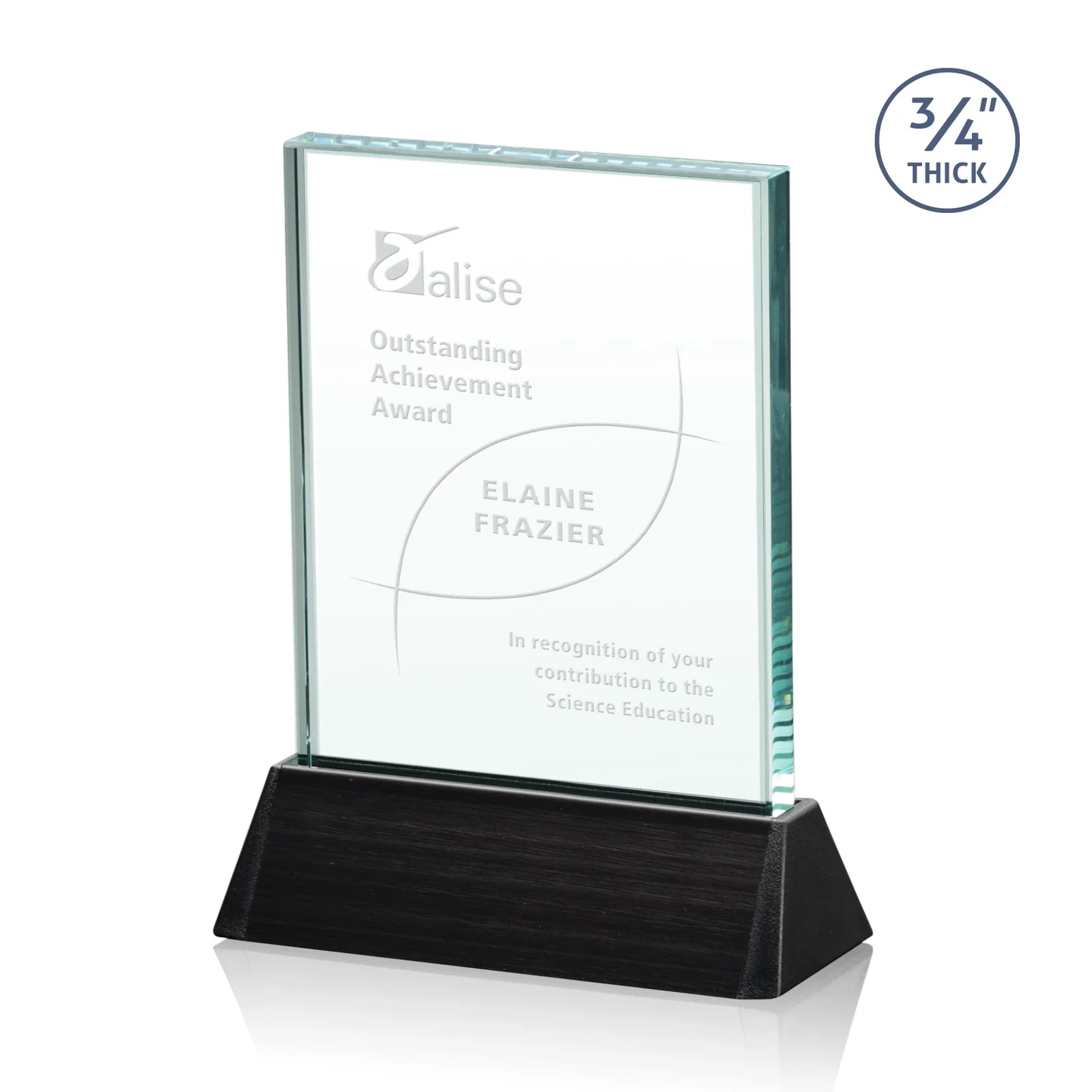 Custom Jade Crystal Rectangle Award Sloping Into a Black Base for sales achievement awards