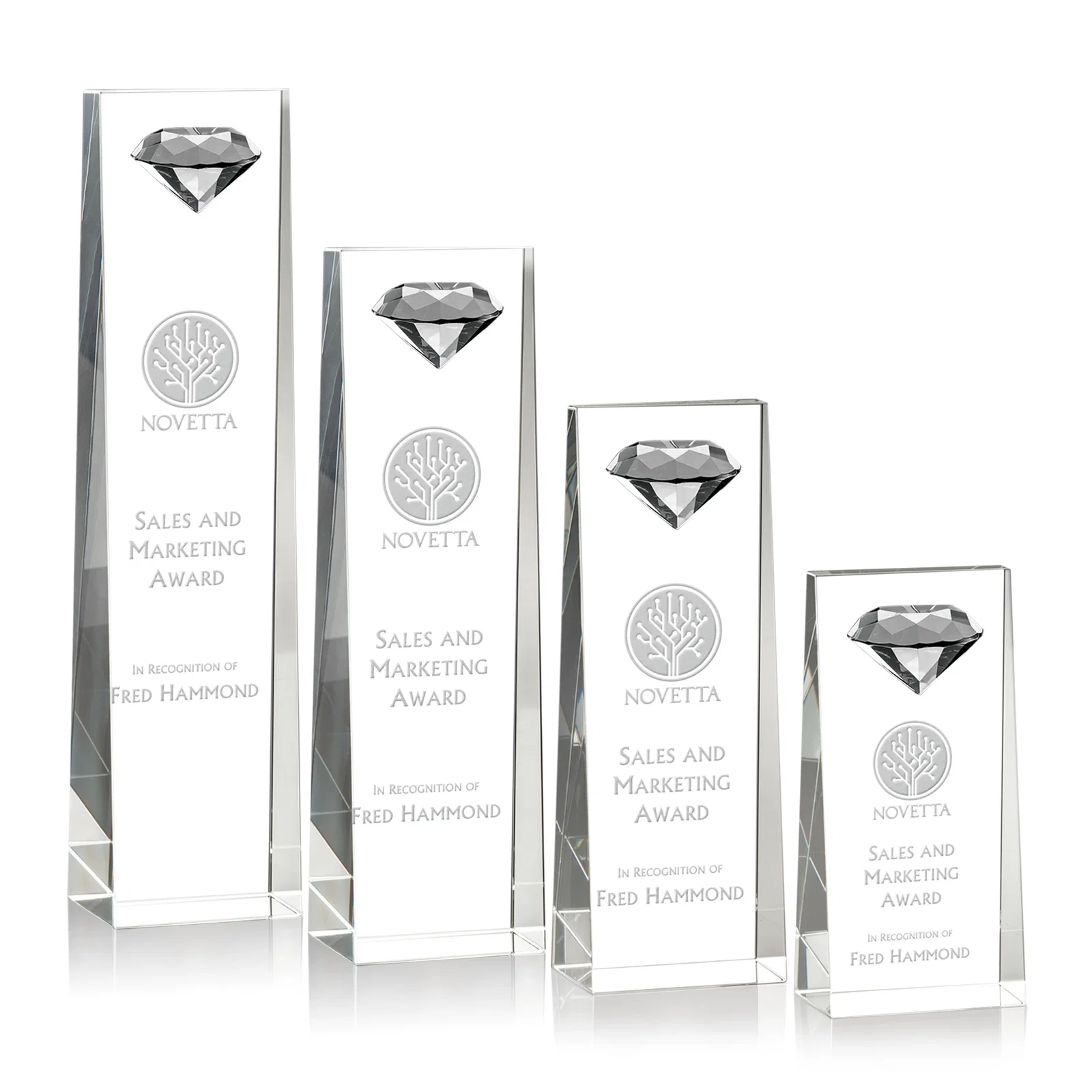 Custom Optical Crystal Tower Award with Faceted Gemstone Top for employee recognition
