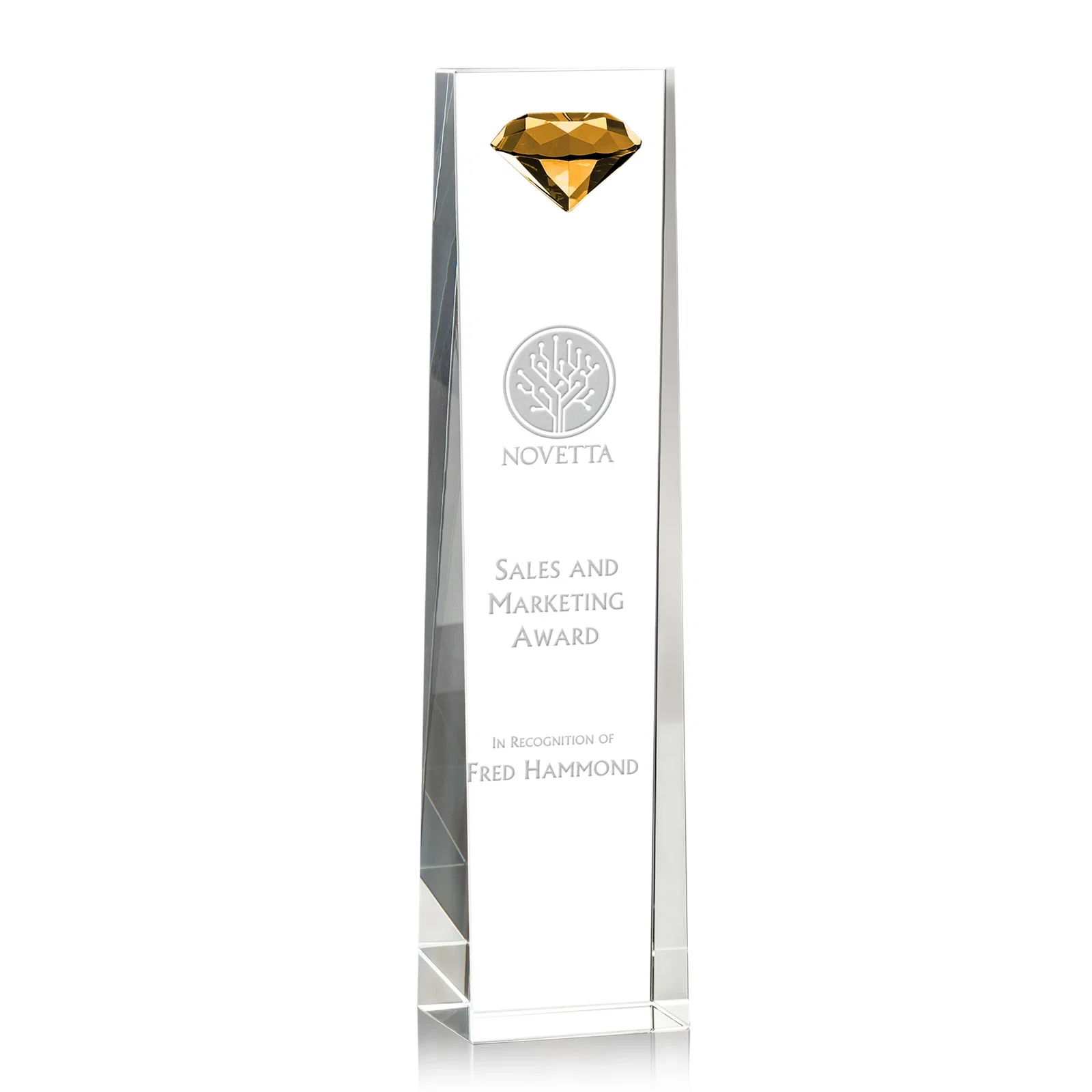 Custom Optical Crystal Tower Award with Faceted Gemstone Top for volunteer appreciation