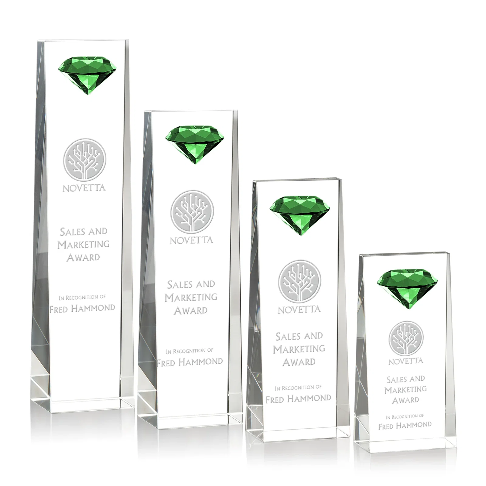 Custom Optical Crystal Tower Award with Faceted Gemstone Top for dealer and partner awards